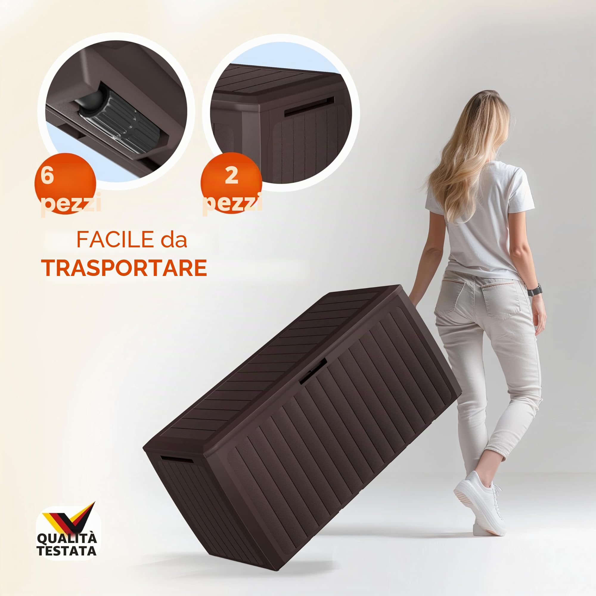 Casaria Baule da Giardino 117x47x60cm Aspetto Legno 290L Box Multiuso Multibox Cuscini 6 Ruote Coperchio Esterno
