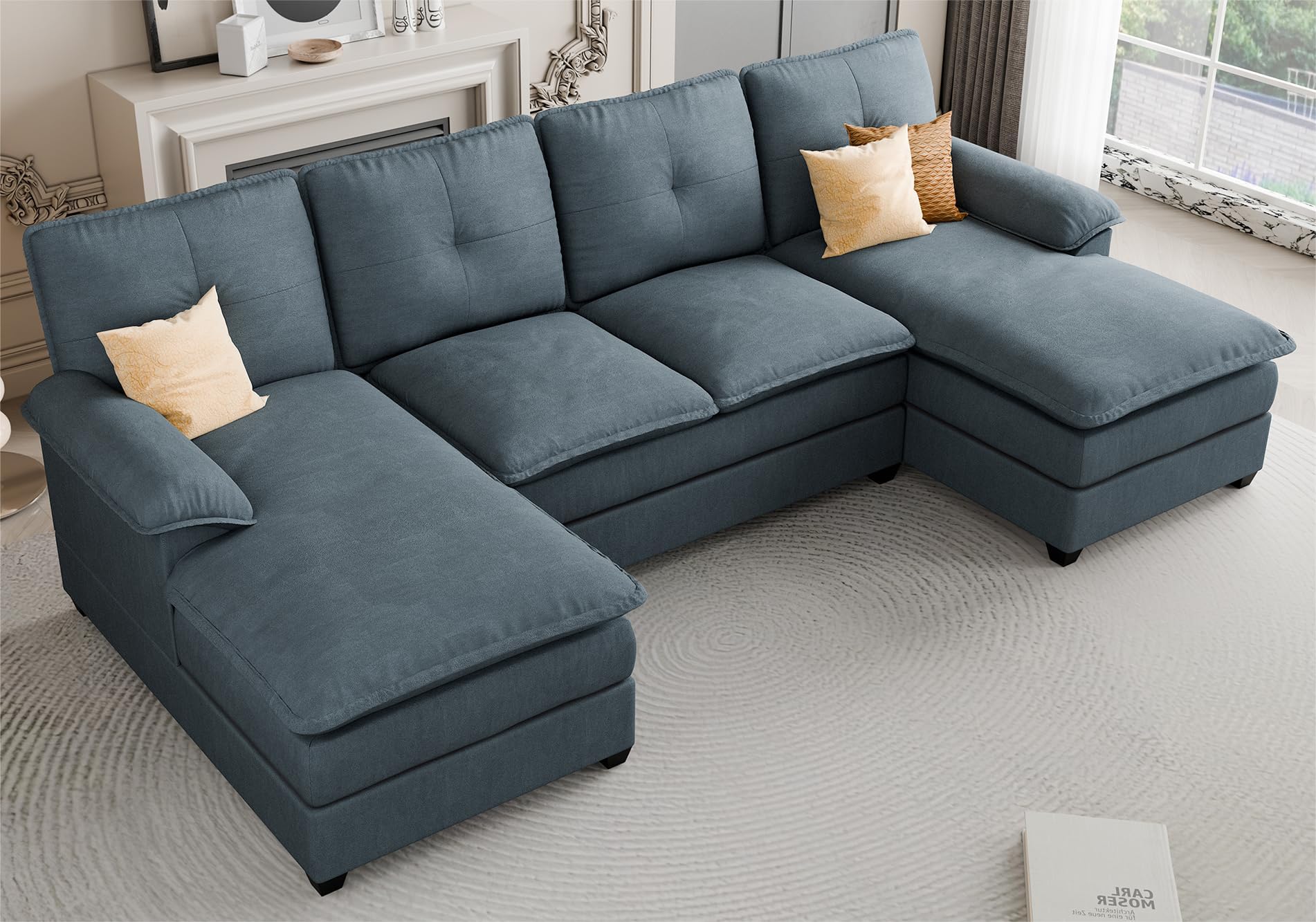 JAMFLY Sectional Couches for Living Room, U-Shaped Couch 4 Seat Sofa Set with Double Chaises, Modern Fabric Modular Sectional Sofa for Apartment, Dark Grey