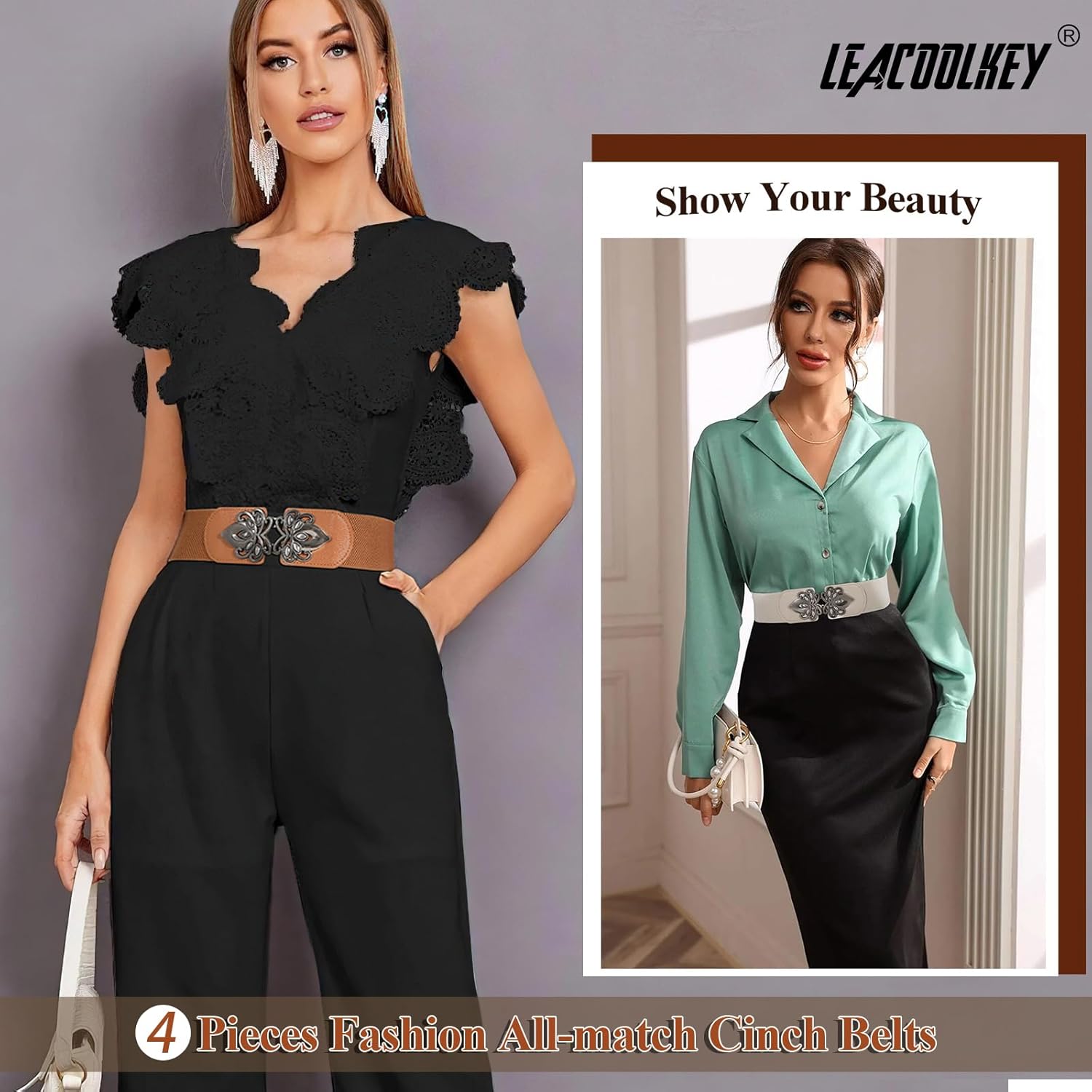 LEACOOLKEY 4 Pack Women Wide Elastic Waist Belt for Dress Plus Size Vintage Stretch Belt Retro Buckle 2.36" Width - Image 4