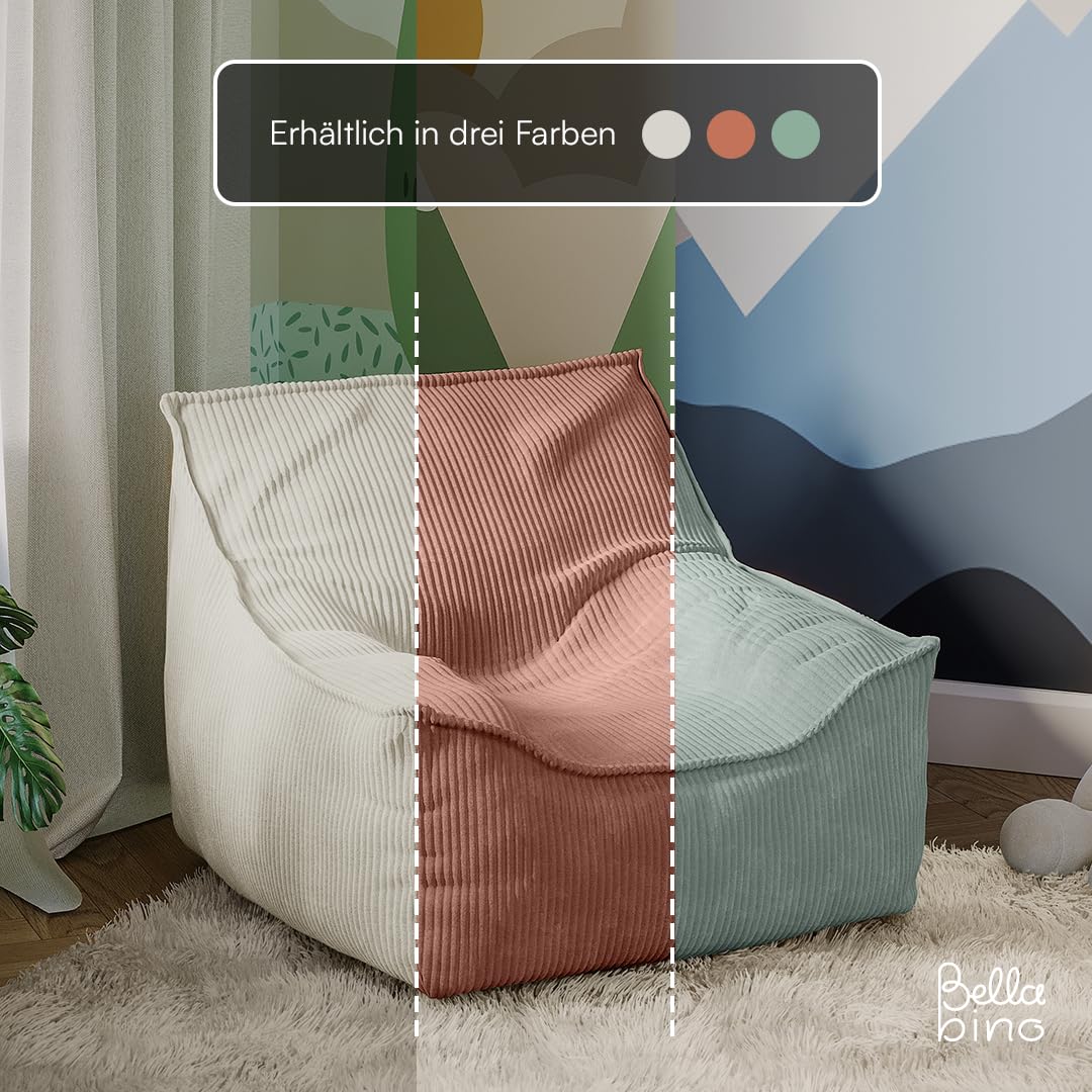 Bellabino Cleo Kindersitzsack – Sitzsack für Kinder aus Cord mit Füllung – Kindersessel Beige 50x75x60 cm (HxTxB)