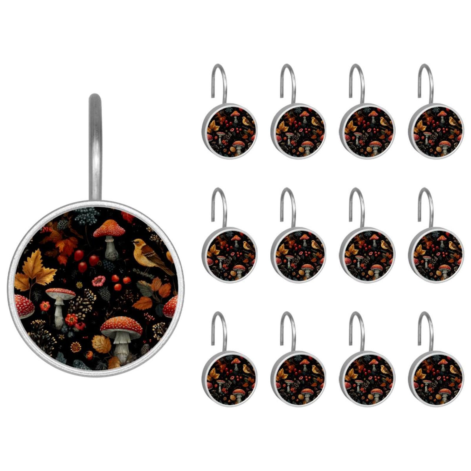 Jungle Mushrooms Decorative Shower Curtain Hooks Rings, Rust-Resistant Metal Glide Shower Hooks for Bathroom 12pcs Shower Curtain Hooks