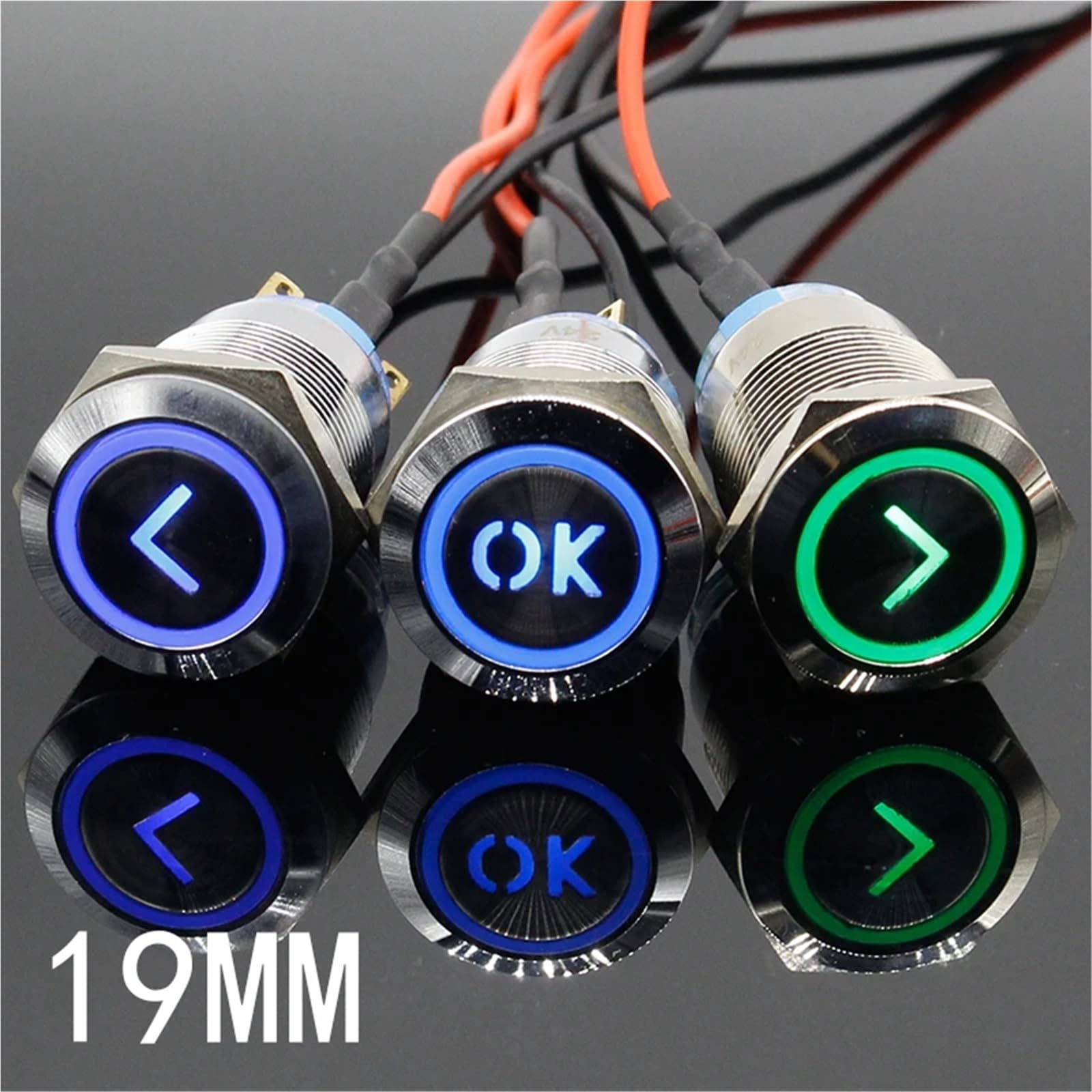 Interruttore a pulsante in ottone tipo L in metallo da 19 mm, illuminazione rotonda piatta, momentaneo, 1NO 1NC, 1 pezzo(Blue (arrow),Momentary,220V)