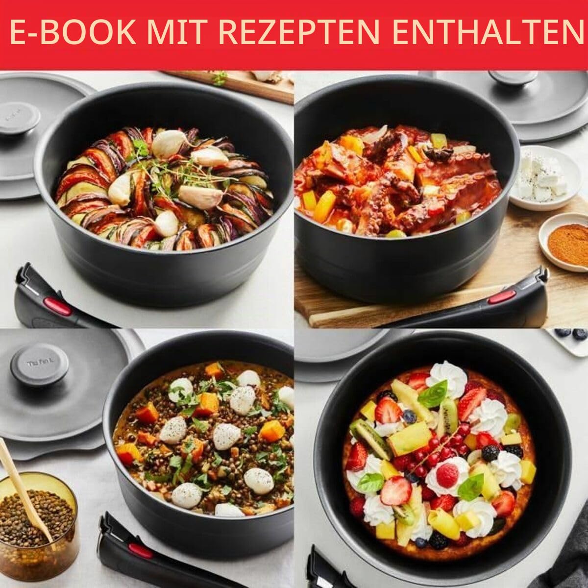 Tefal Ingenio 6-teiliges Set, Induktion, Aluguss, Pfanne, Wok + Glasdeckel, Schmortopf + Deckel aus Gusseisen, abnehmbarer Griff, spülmaschinengeeignet, Inspiration L867S604