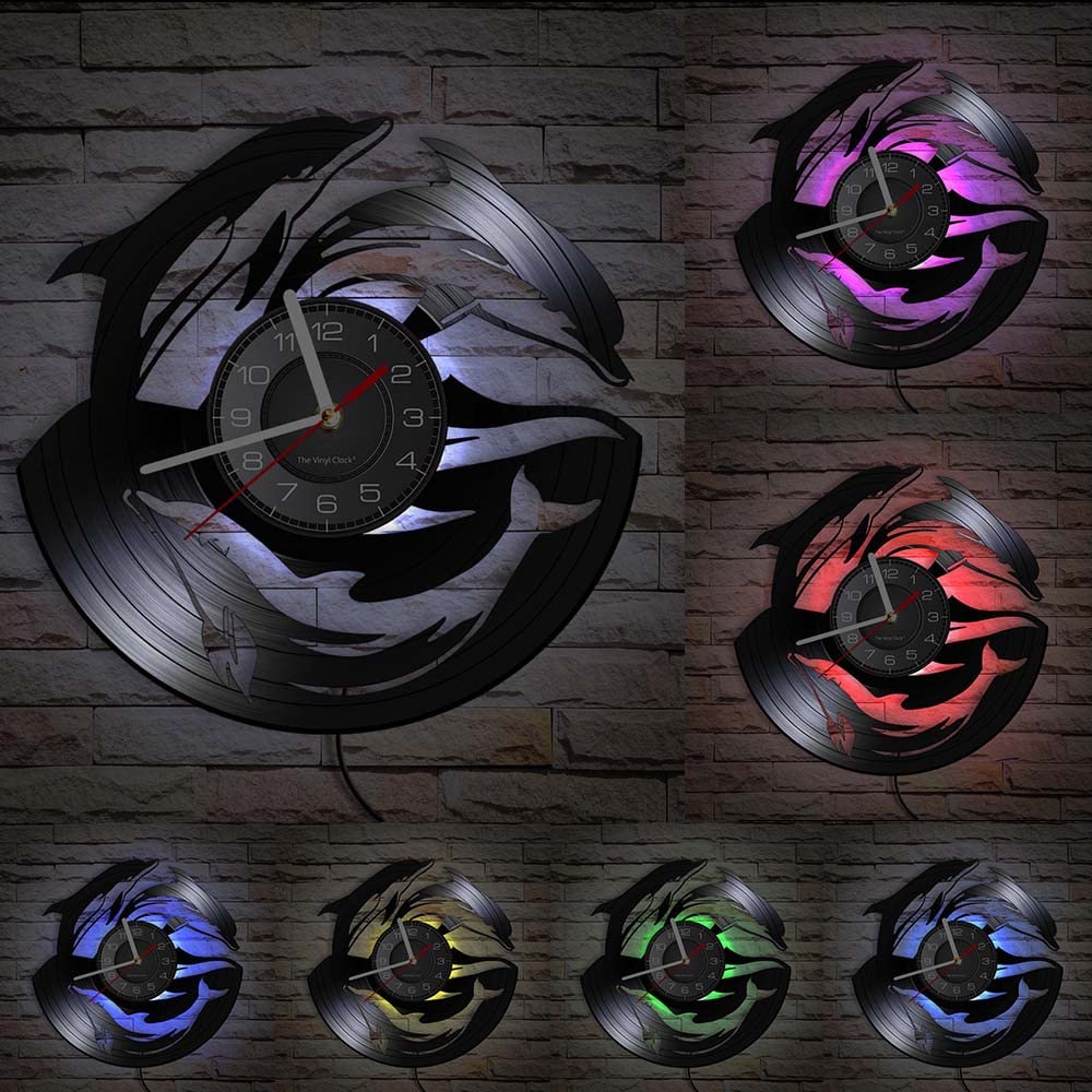 Horloge LED 7 couleurs dauphin en vinyle mécanique quartz silencieuse