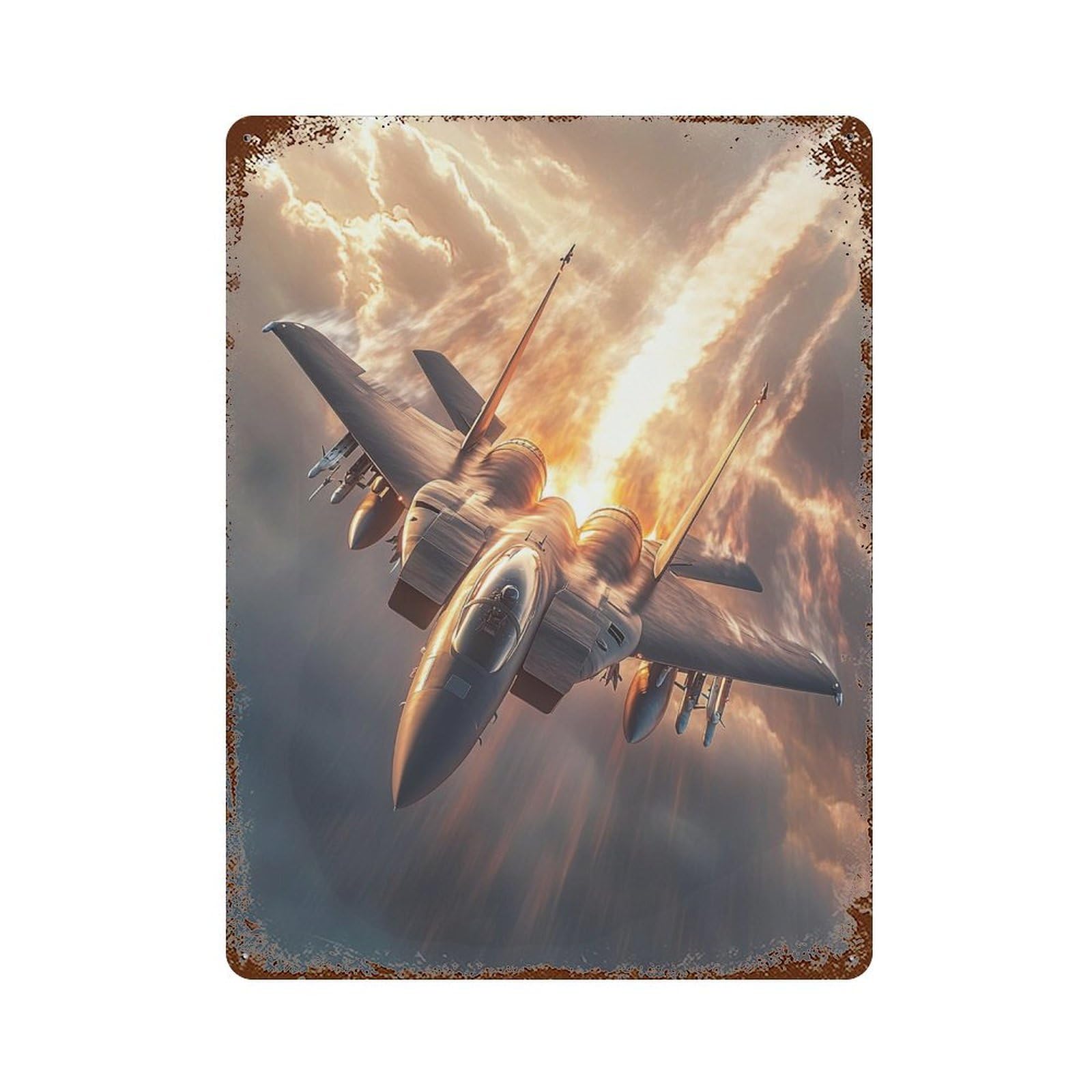 Garage Style Jet Fighter Speed Clouds Sky Distressed Metal Wall Sign 15.7"x11.8", Shabby Chic Decor for Bar And Workshop