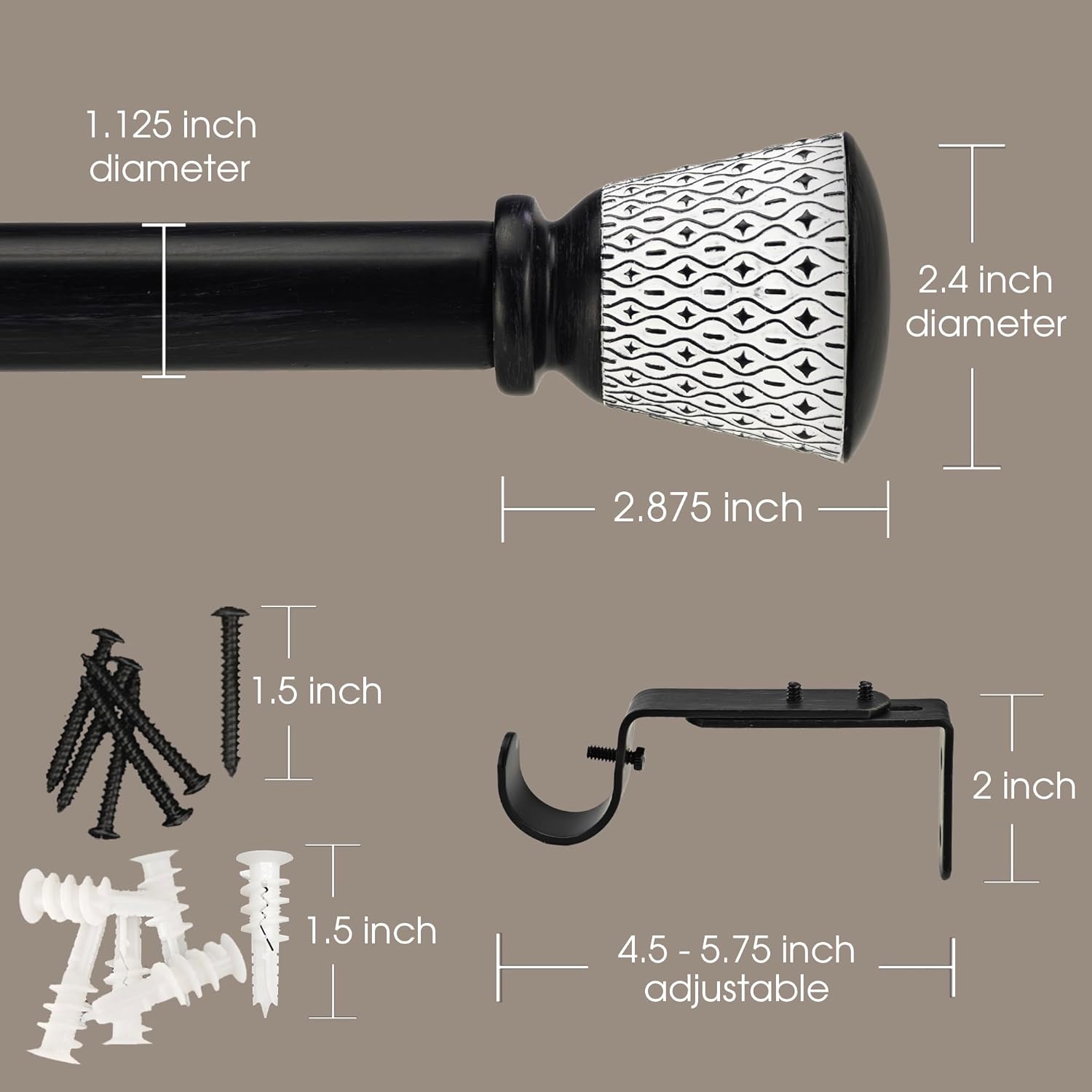 1-1/8 Inch Diameter Weathered Black Curtain Rods with Carved Lattice Finials, 36-72'' Telescoping Single Curtain Rods for window width 24-68 inch, 1 pack