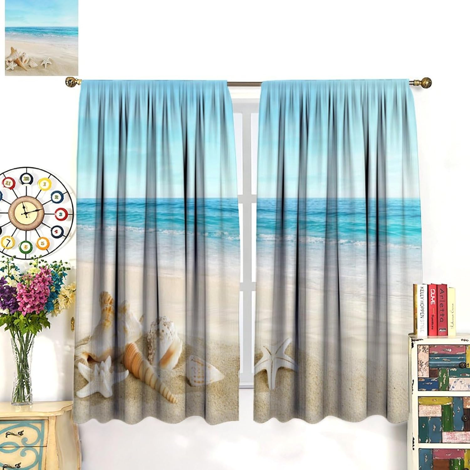 Ocean Curtains, Hot Summer Beach Seaside Scenery Starfish Shells Nautical Sea Life Print Blackout Rod Pocket Window Treatments Drapes for Bedroom Living Room Kitchen 72" W X 63" L