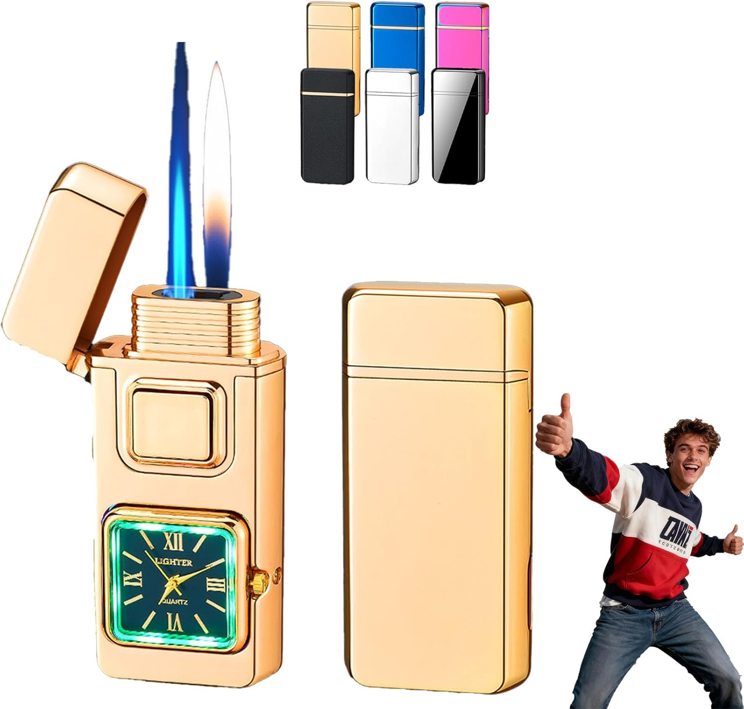 Multifunctional Creative Lighter with Integrated Watch, 2 in 1 Windproof Adjustable Refillable Jet Flame Lighters, Voice-Activated Dual-Fire Lighter, 5 Lgnition Modes for Men (2PCS-B)