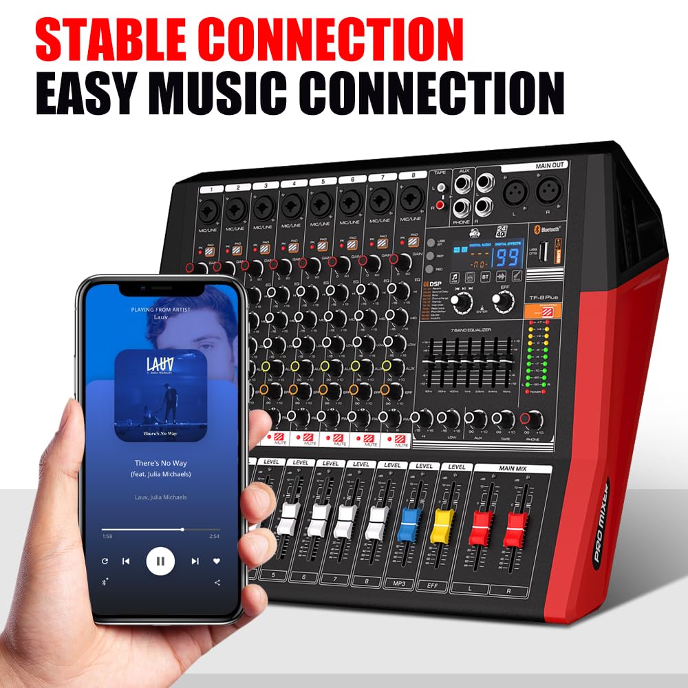 TF600 6-Channel Professional Mixer with Bluetooth Sound Bar with Power Amplifier 2 * 450W Power Output Powered Mixer, 7-Stage Equalizer, 99 DSP Effects, Recording Input USB Drive for Speakers