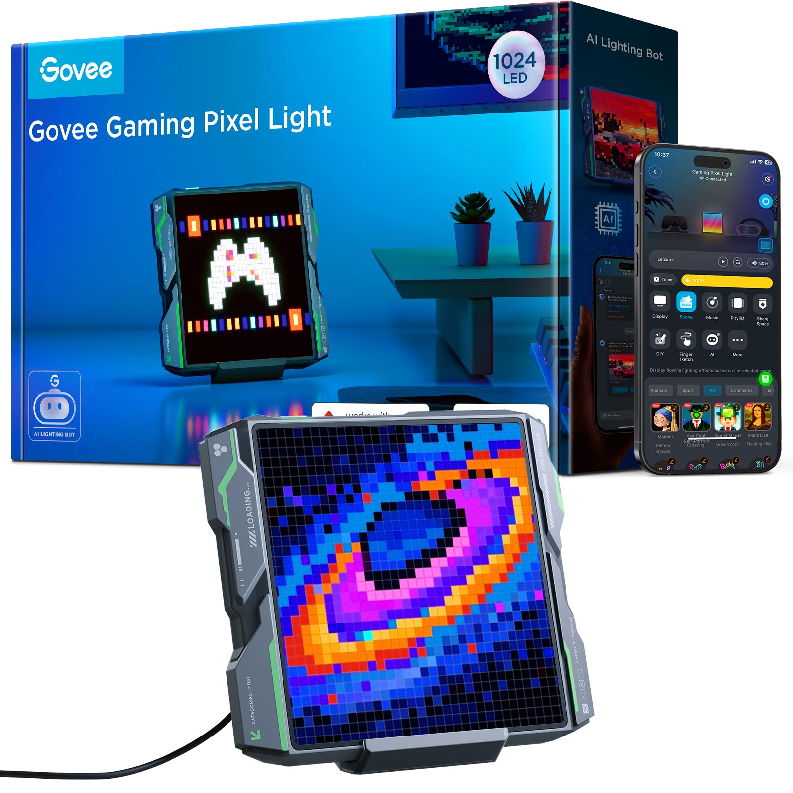 Govee Pixel Light Panel LED para Videojuegos 32 x 32 RGB | Compatible con AI, Función de Bricolaje, 150 Modos de Escena y 10 Modos de Música, 30 fps/s