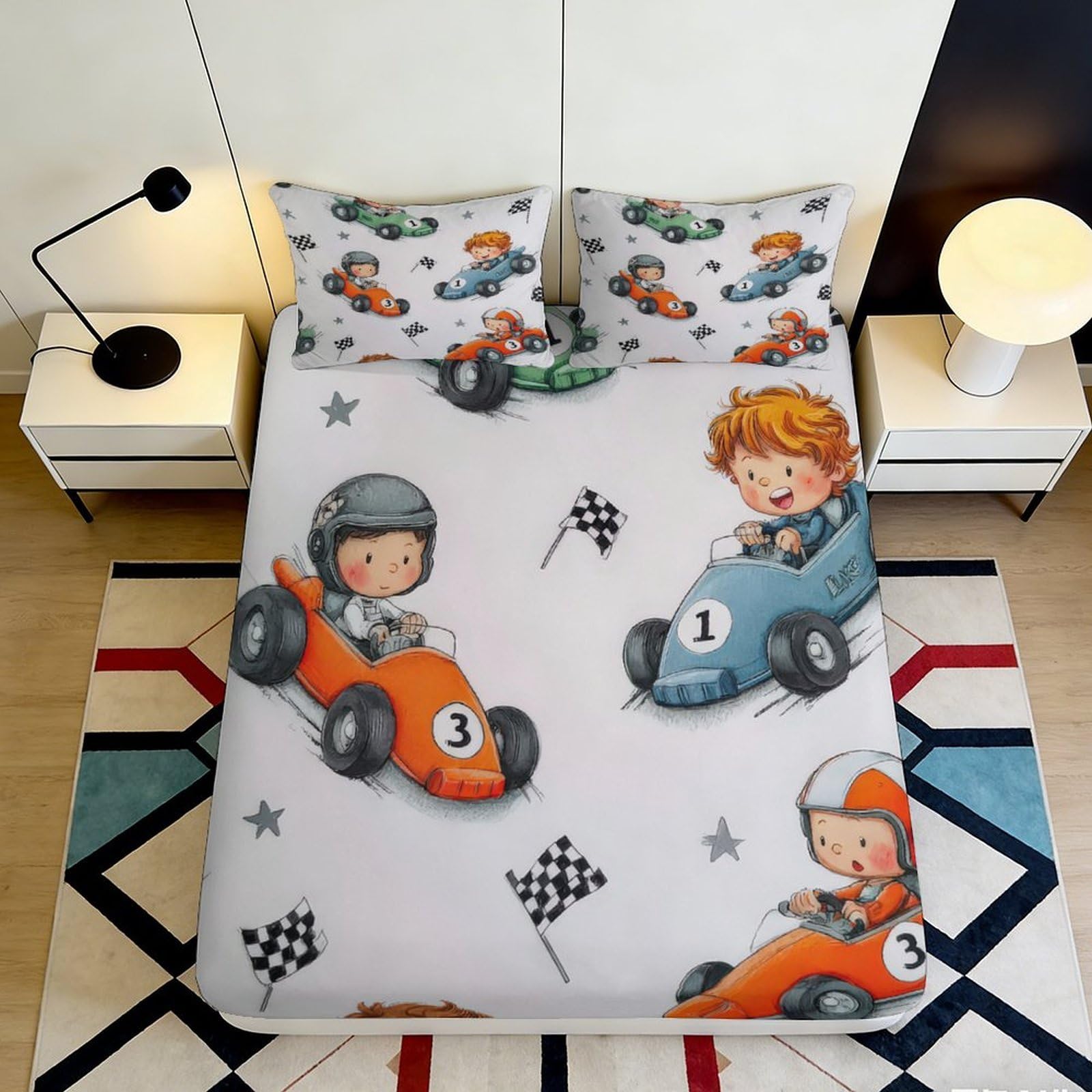 3D Printed Cartoon Racing Car Fitted Sheet Microfiber Soft Bed Cover for Kids Teens Adults Bedroom Decor 90x200x25cm