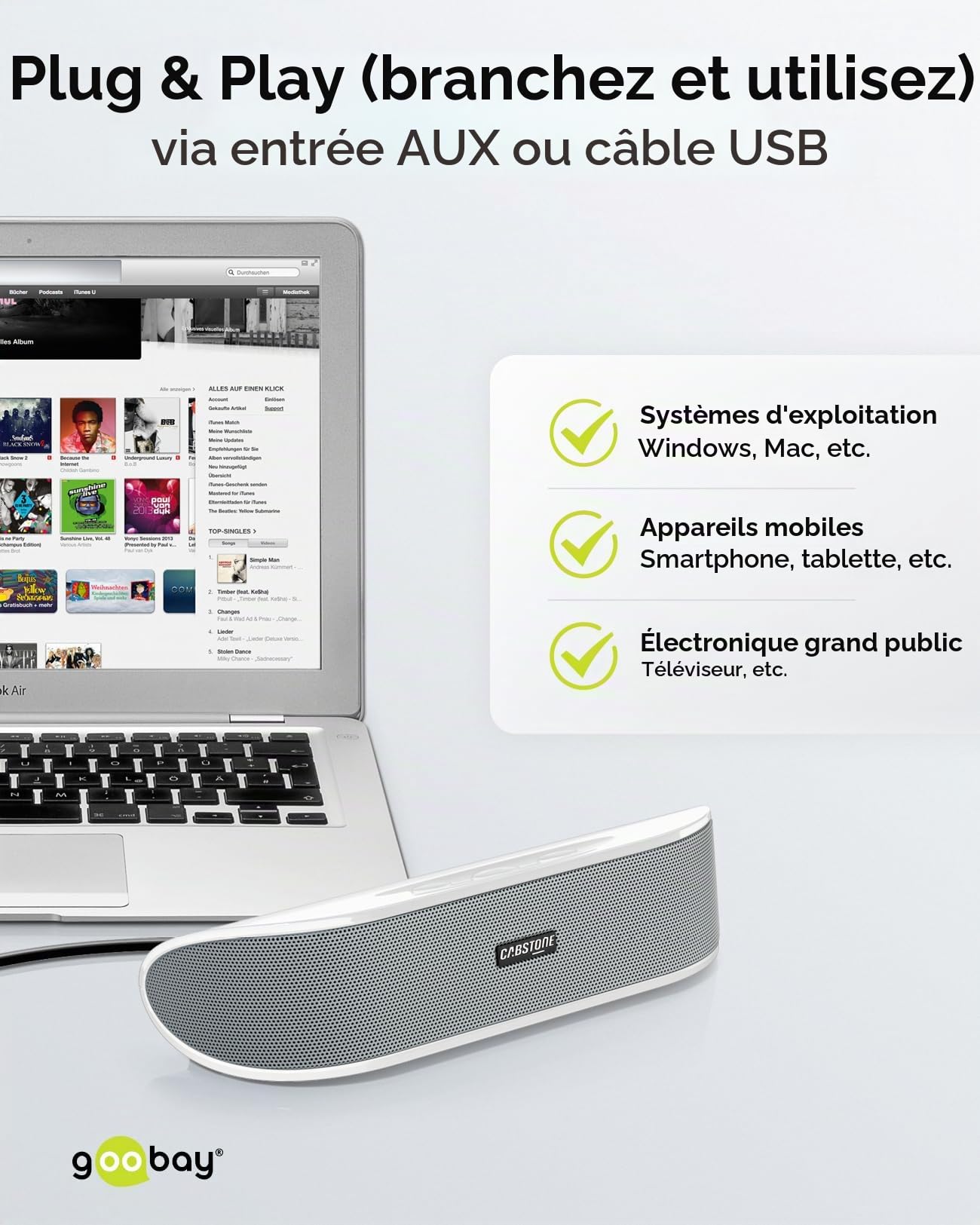 Goobay 95122 Barre de son de 6W, Haut-parleur stéréo pour PC, TV et ordinateur portable, blanc