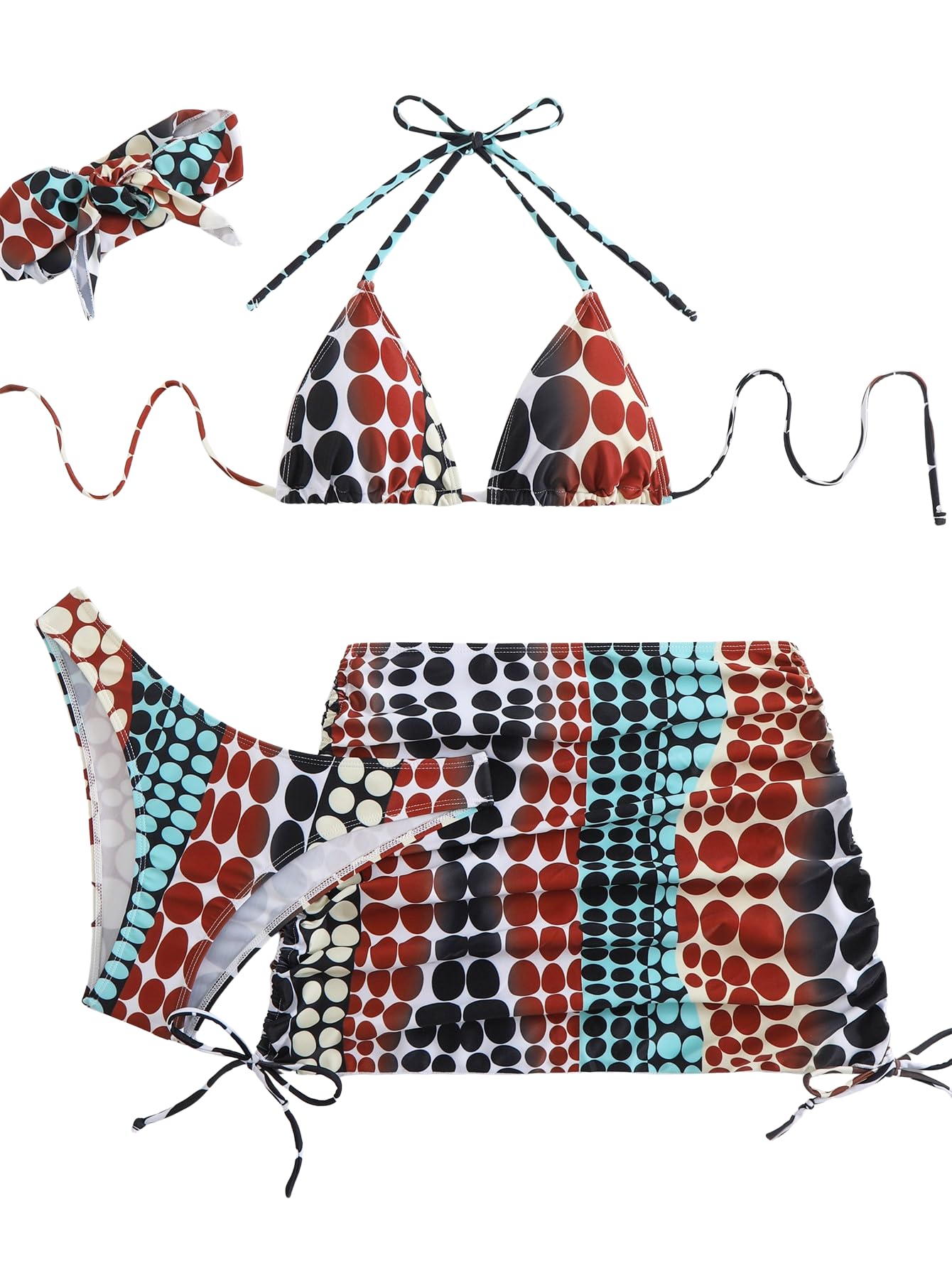 SEGT Women's 4 Piece Polka Dots Bikini Sets Halter Triangle Swimsuits with Mesh Cover Up Skirt and Scarf