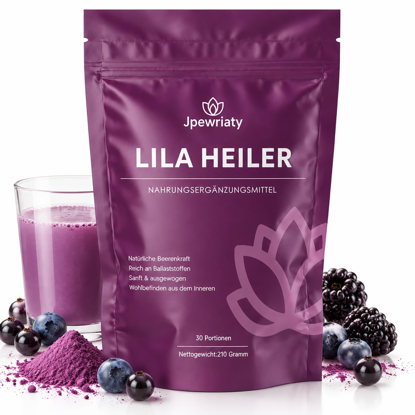 Lila Superfood Pulver, Lila Pflanzenpulver Leben, Grüne Entgiftungspulver Helfer - mit PHGG, Aronia, Blaubeere & Inulin-Ballaststoffreich & Vegan, für Alltag, Ernährung & Darmbalance - 210g