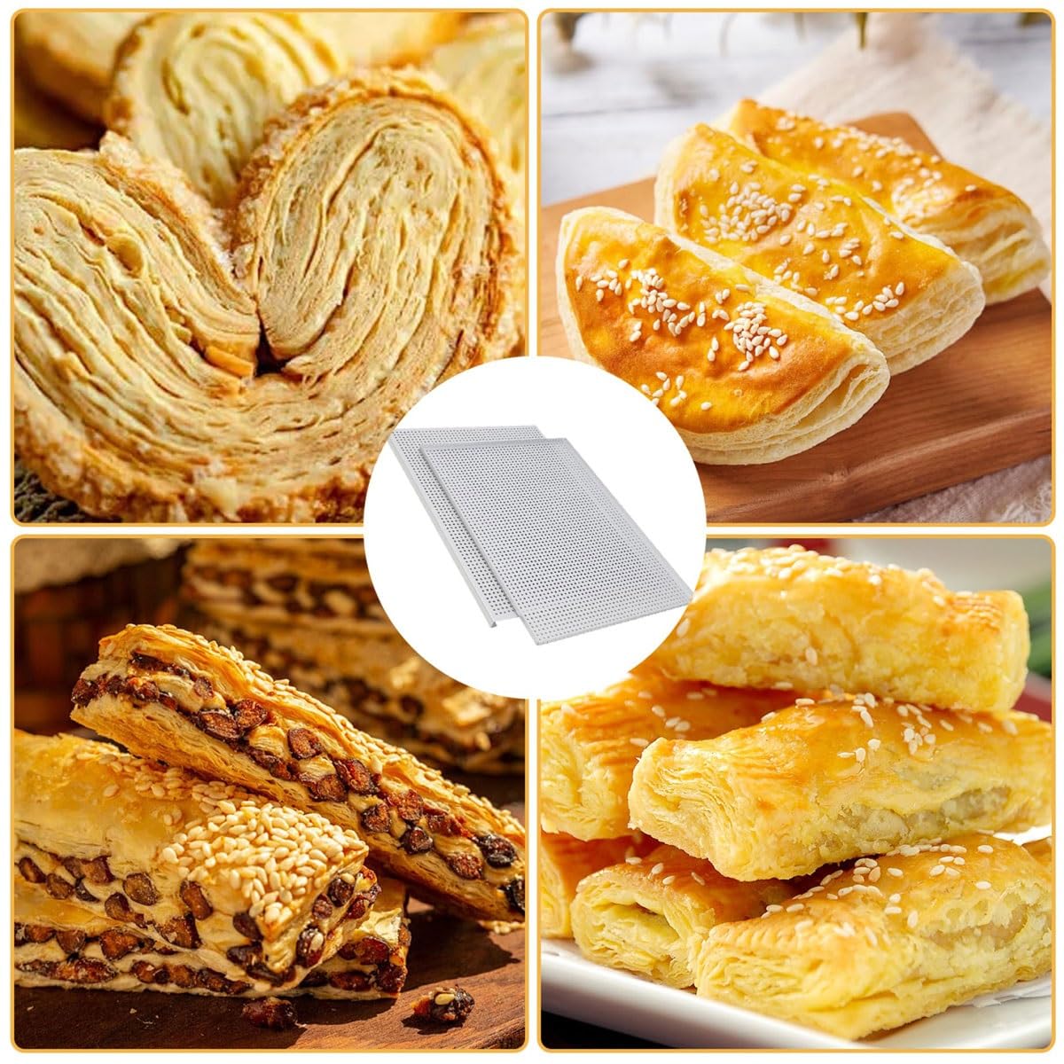 Hojas de repostería manual CrisperPuff para hornear, bandeja perforada de aleación de aluminio con almohadilla de silicona, bandeja multiusos para hornear, bandeja para hornear Mille Feuille para