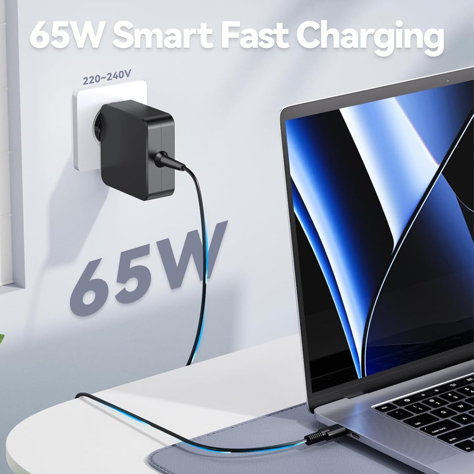 65W USB C Caricatore, Laptop Caricabatterie, Adattatore di Tipo C Alimentazione Compatibile con Huawei Matebook, Spectre, Lenovo ThinkPad, MacBook Pro/Air, HP, ASUS Chromebook, Google, Xiaomi