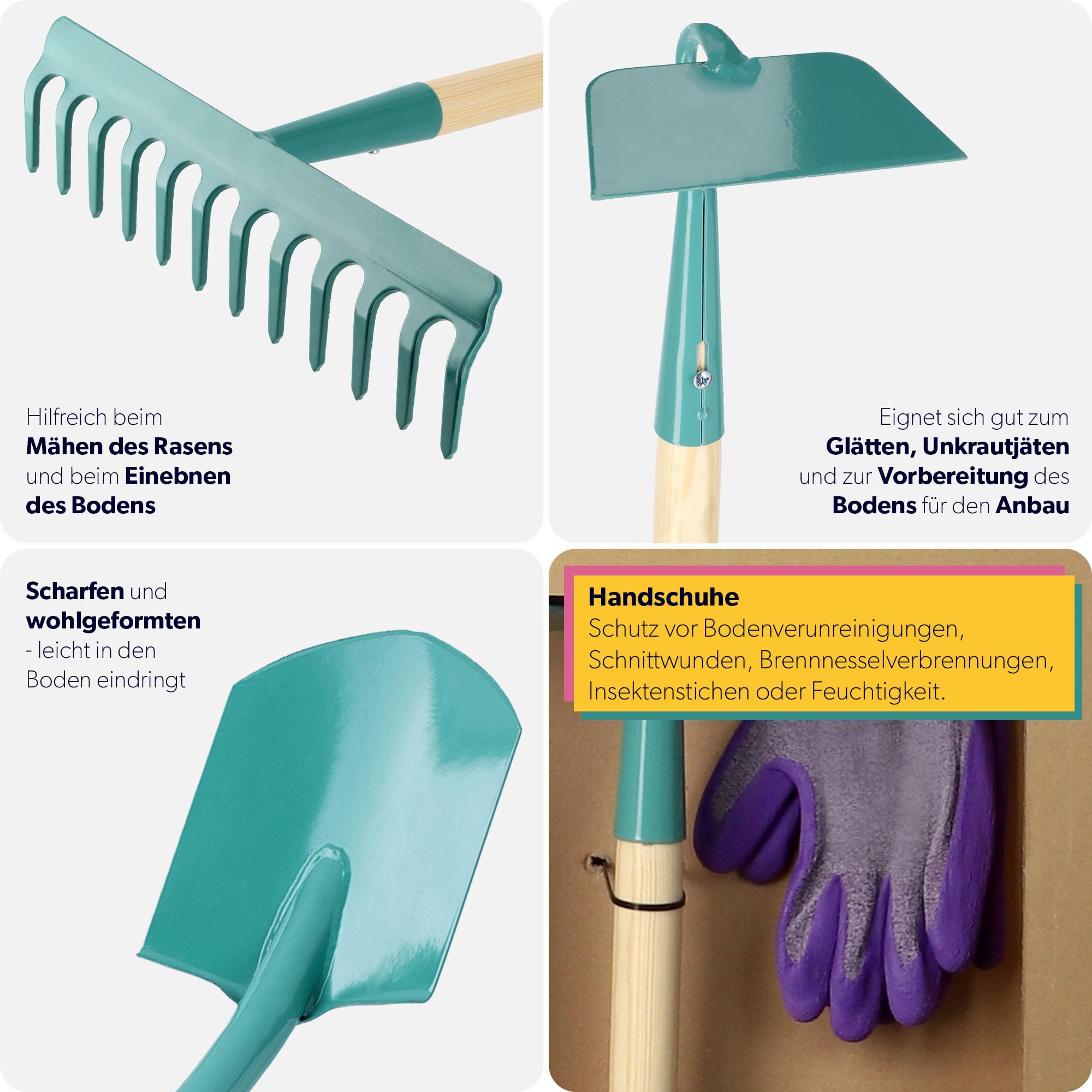 KADAX Gartenwerkzeug-Set, 4er Set, Metall Spaten, Rechen und Hacke, Gartenwerkzeug für Damen, Inclusive Handschuhe, Gartenset, Gartengeräte
