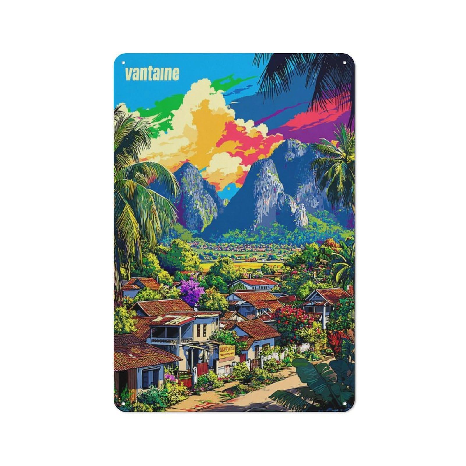 Junmoney Vibrant Tropical Village Scene 30X20cm Retro Tin Sign With For Living Room Or Hallway, A Decorative Metal Sign For Living Rooms And Hallways