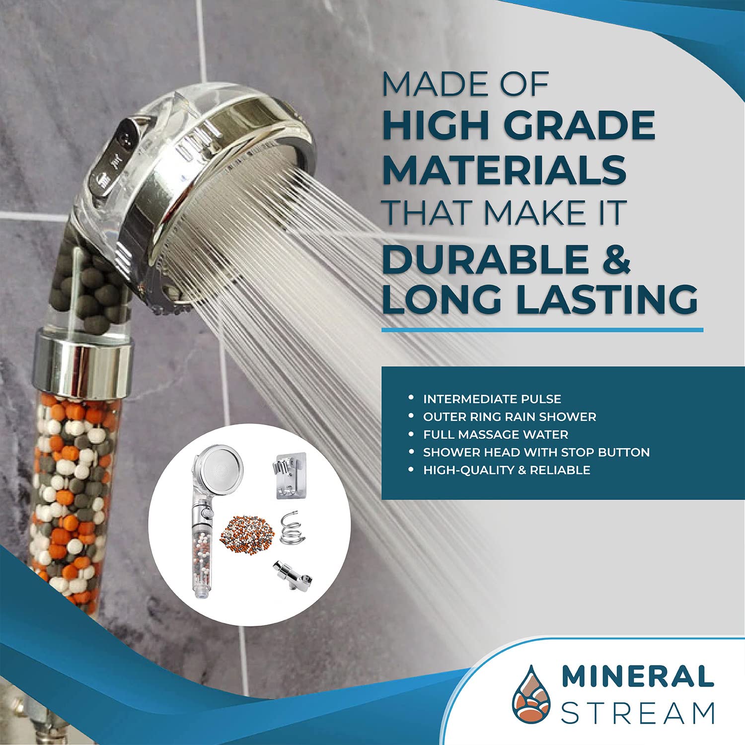 MineralStream Kit completo per soffione doccia ionico 2.0 con perline di ricambio + tubo + supporto doccia + deviatore braccio, 3 impostazioni soffione ad alta pressione per capelli secchi e pelle