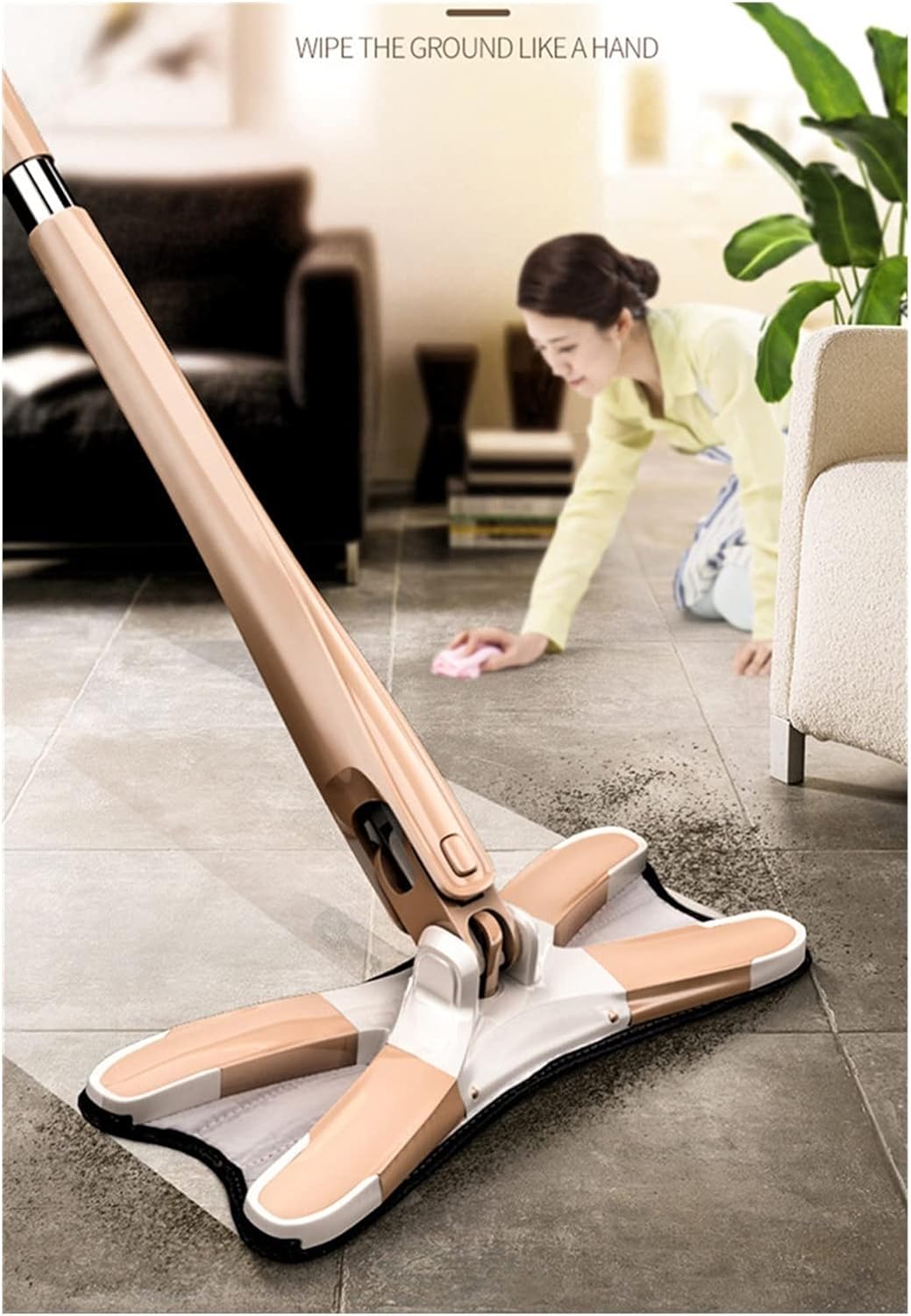 steam mop 2 in 1 Mop Free Hand Washing Flat Mop Lazy 360 Rotating Magic Mop with Squeezing Floor Cleaner Household Cleaning Tool steam Cleaner (Color : White 4pcs rag Size : Medium) (Khaki 1 Mop Pad )
