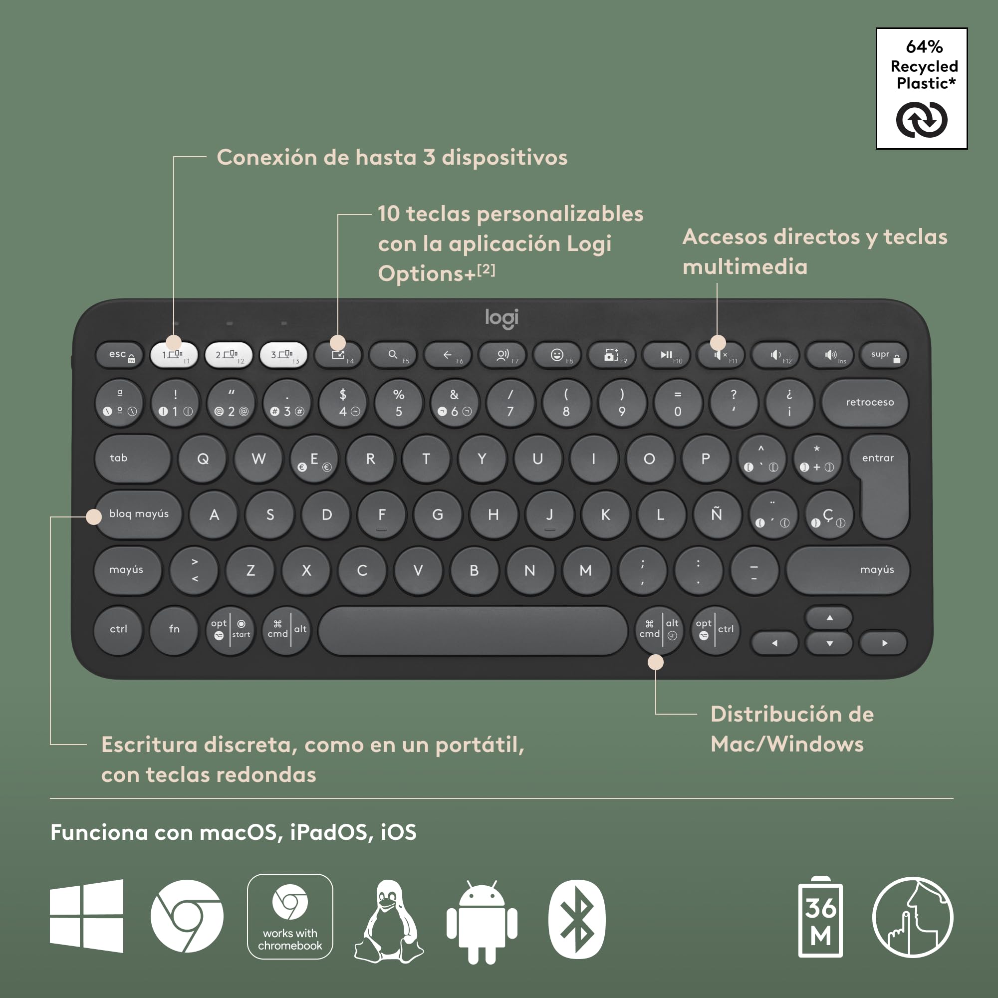 Logitech Pebble Keys 2 K380s, Teclado Bluetooth multidispositivo, accesos directos, estilizado y portátil, Easy-Switch, Windows, macOS, iPadOS, Android, ChromeOS, Disposición QWERTY Españo - Grafito
