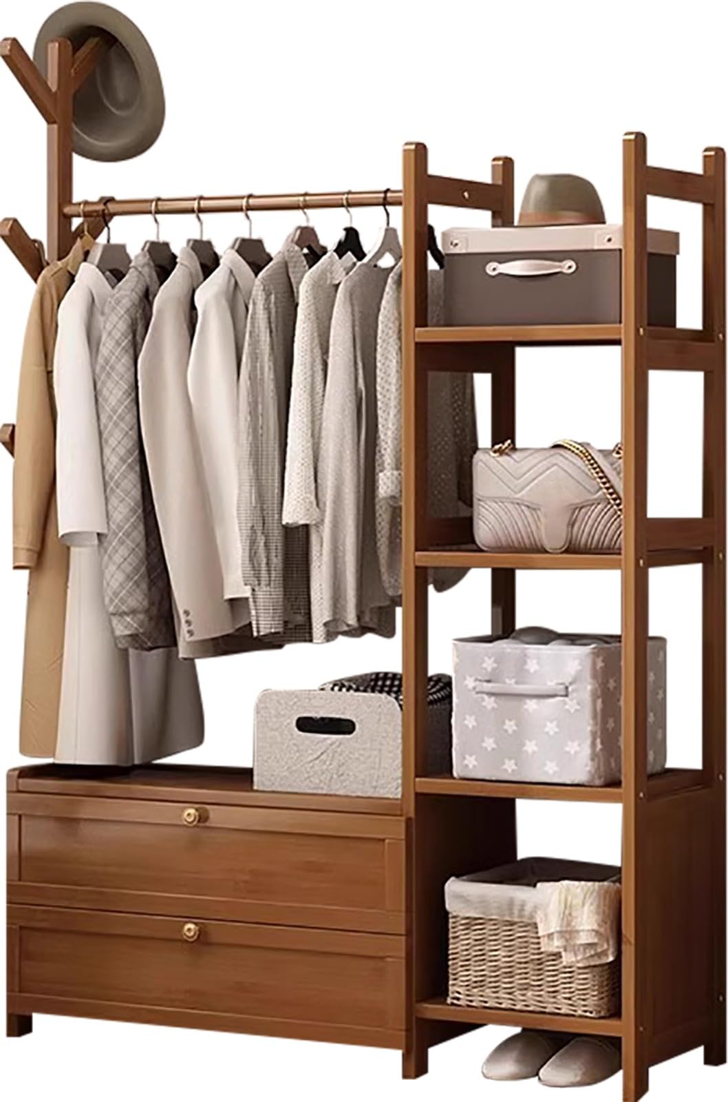 Appendiabiti, Attaccapanni in Legno Massello con 4 Ripiani Portaoggetti e 6 Ganci, Appendiabiti da Terra per Vestiti, Cappelli, Borse, per Soggiorno Camera da Letto A-Brown/80CM