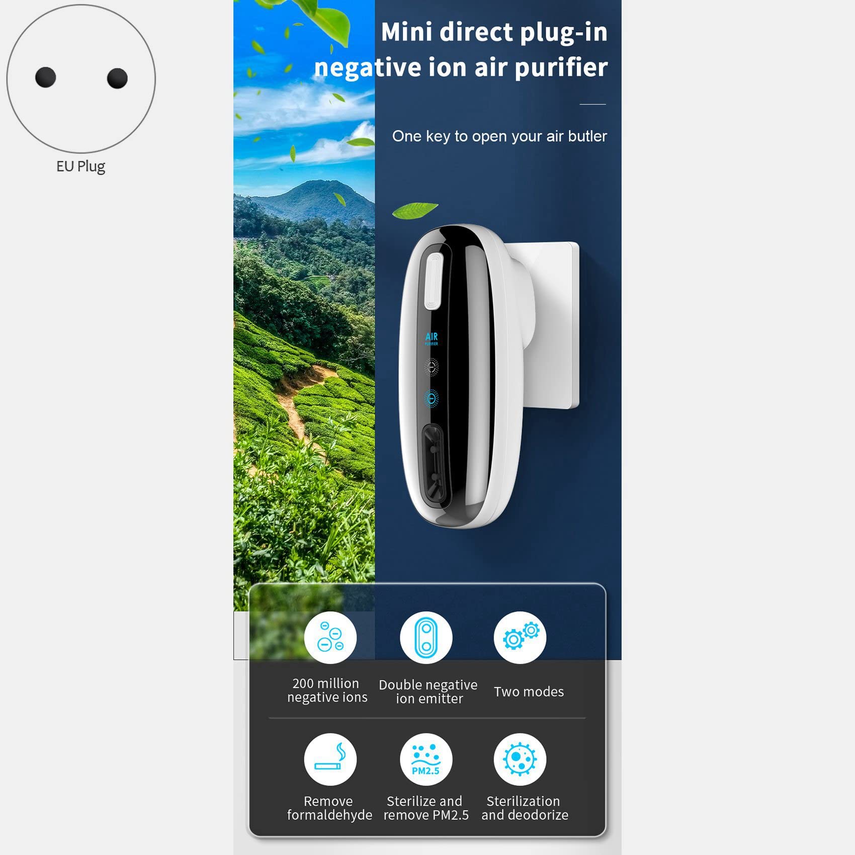 3X 200 Millions de Purificateur d'air à Ions Négatifs Portable 360 Degrés Tout Autour Chambre Salle de Bain Déodorant Prise Européenne