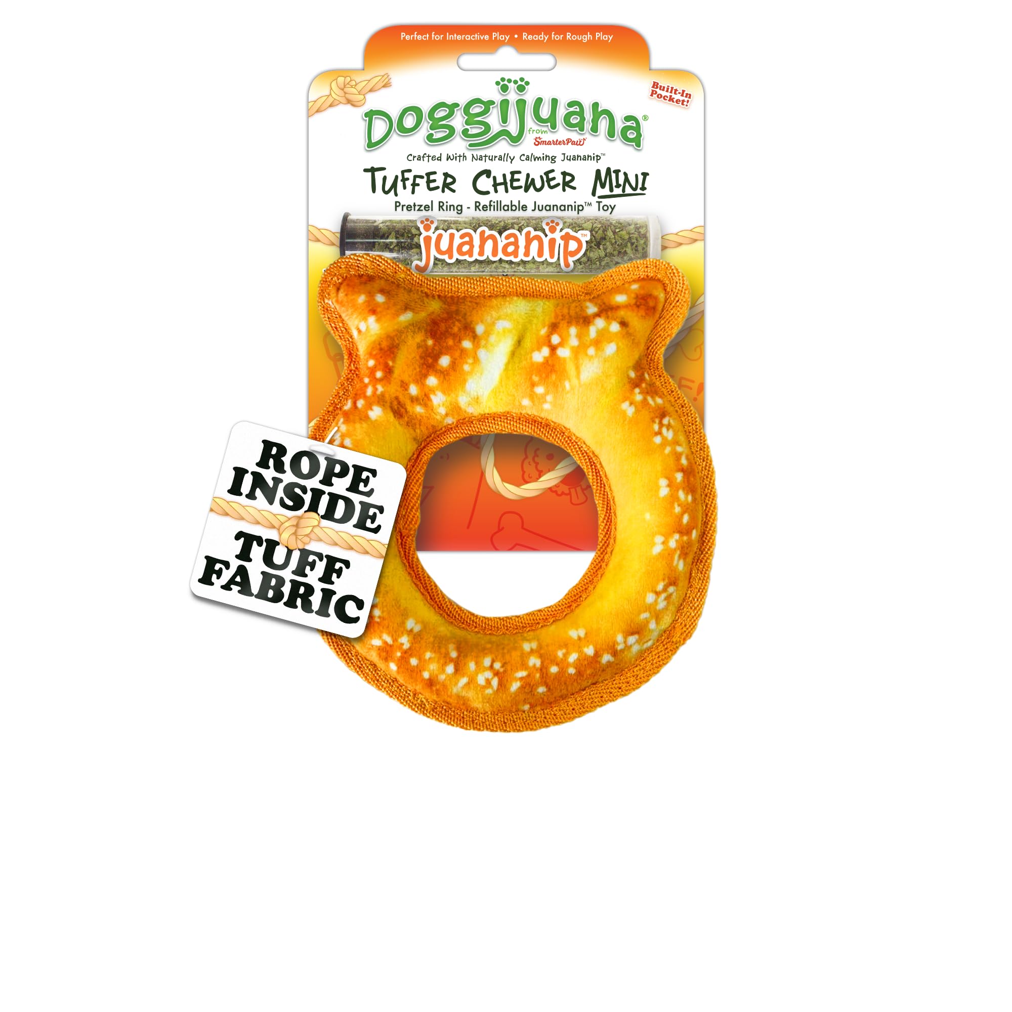 Doggijuana Mini Tuffer Chewer Dog Toy, Pretzel Ring | Squeaky Refillable