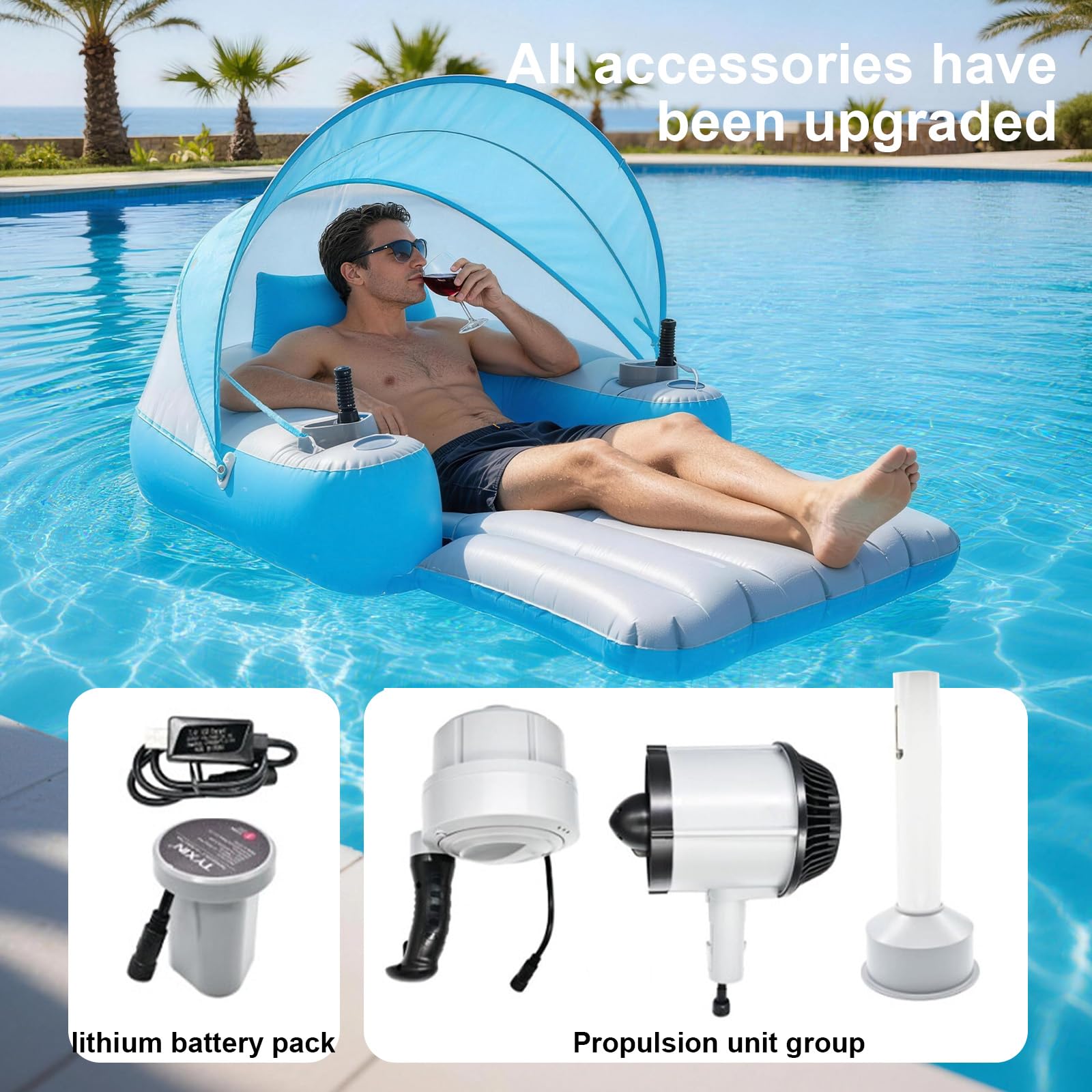 Lettino motorizzato per piscina, galleggiante motorizzato con tettuccio parasole staccabile, elica elettrica girevole a 360 gradi, zattera galleggiante in PVC resistente per piscine, laghi e feste in