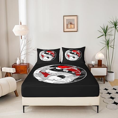 Miniatura 5 de Erosebridal Yin Yang - Juego de sábanas de tamaño individual, sábanas de estilo japonés para niños y niñas, chismes koi, decoración de peces, sábana