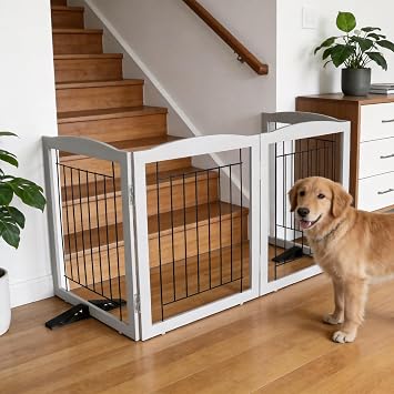 ZJSF Freestanding Dog Fence Indoor, Foldable Dog Gate for Doorways, Stairs or Hallways, Sturdy Wood Extra Wide Pet Gate with Support Feet for The House, Grey, 32 Height-3 Panels