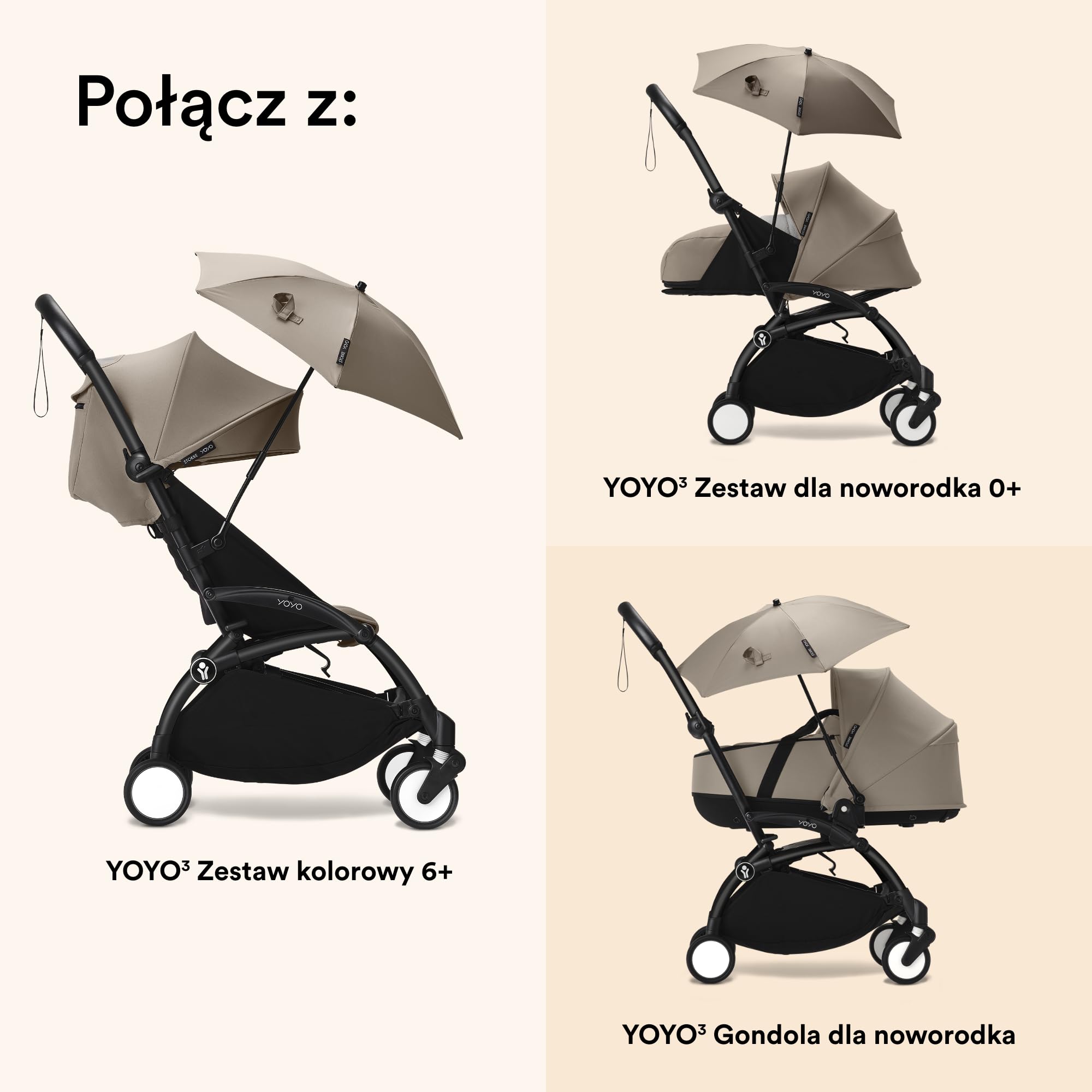 Parasol Stokke YOYO, Taupe - ochrona UPF 50+ - do wózka z zestawem dla noworodka 0+, gondolą lub zestawem kolorystycznym 6+