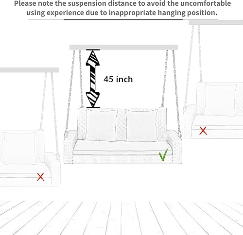 Miniatura 6 de Columpios de mimbre para porche para 2 personas, columpio colgante para porche con cadenas, cojín azul y almohada, columpio de banco al aire libre