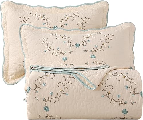 Miniatura 8 de vctops Elegante juego de edredón bordado floral tamaño Queen, 100% algodón, reversible, acolchado con borde festoneado, colcha suave y ligera con 2