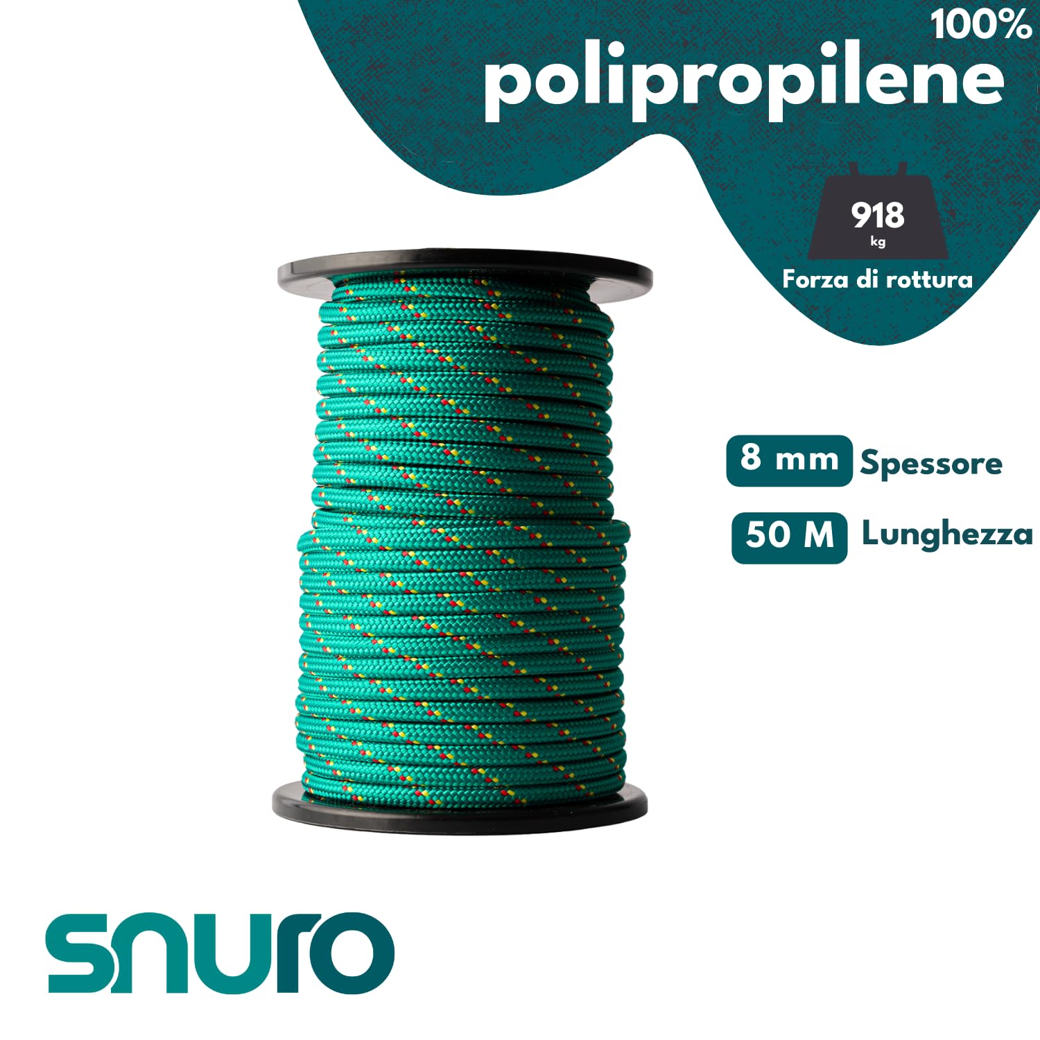 Corda in polipropilene (8mm, 50m, verde con rosso e giallo) - Corda intrecciata leggera per tutti gli usi, per esterni, la sopravvivenza e il giardino - Forza di rottura 918kg
