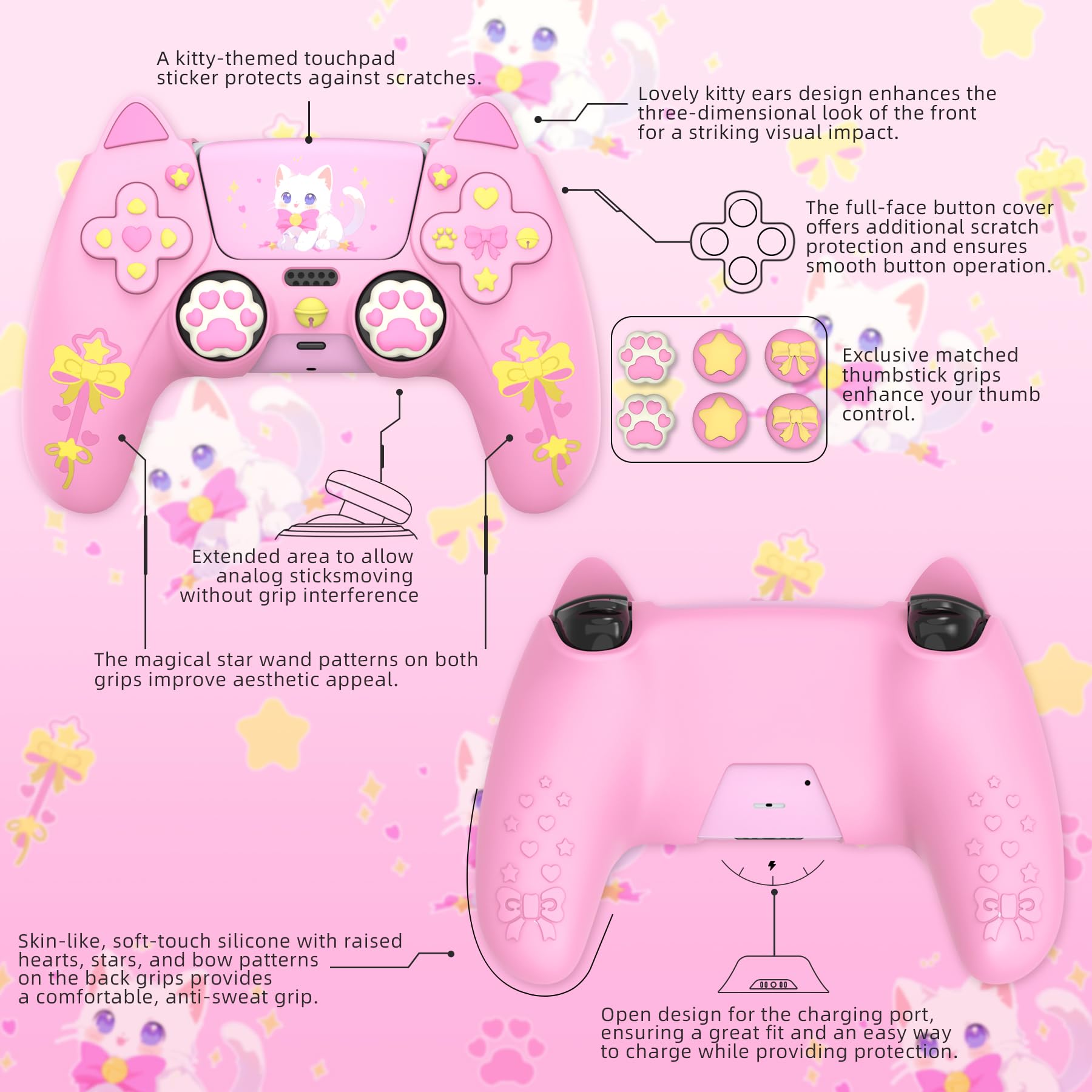 PlayVital Funda de Silicona para ps5 Mando - Cubierta Protectora con 6 Tapas de Joystick y 6 Pegatinas, Suave y Antideslizante, Compatible con Base de Carga Oficial, Sweetheart Kitty Diseño (Rosa)