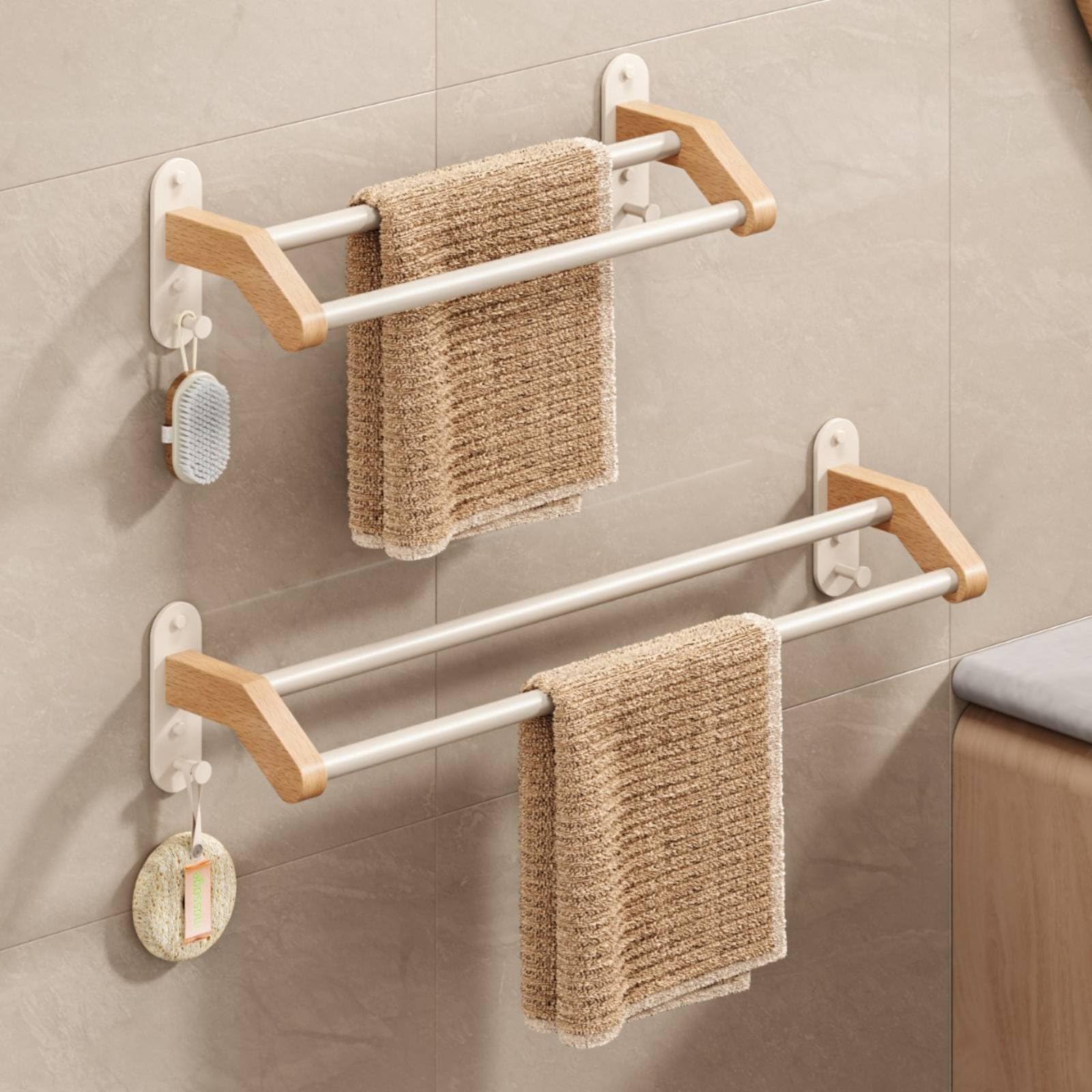 Toallero de Doble Barra Ahorra Espacio Toallero de Madera Anticorrosión Barra Toalla, 60 Cm