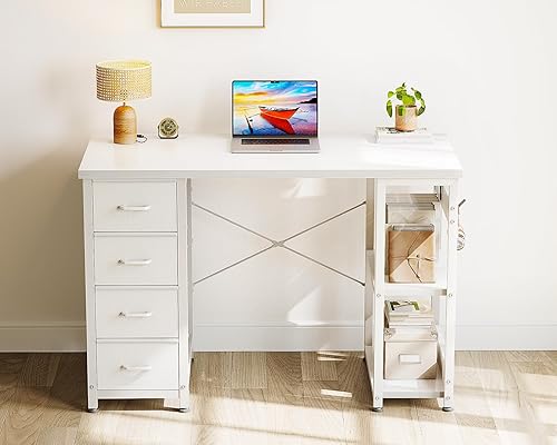Miniatura 7 de ODK - Escritorio pequeño de 40 pulgadas, color blanco, con 4 cajones de tela, escritorio moderno para oficina en casa, para juegos y estudio con