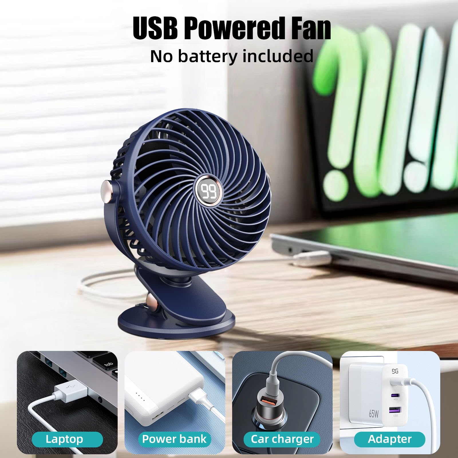 Ventilatore da Tavolo, Mini Ventilatore USB con Display LCD, 5 Velocità 720° Rotante, 6000mAh Piccolo Ventilatore Portatile Ricaricabile, Ventilatore Clip per Ufficio Casa Campeggio Viaggio(Blu)