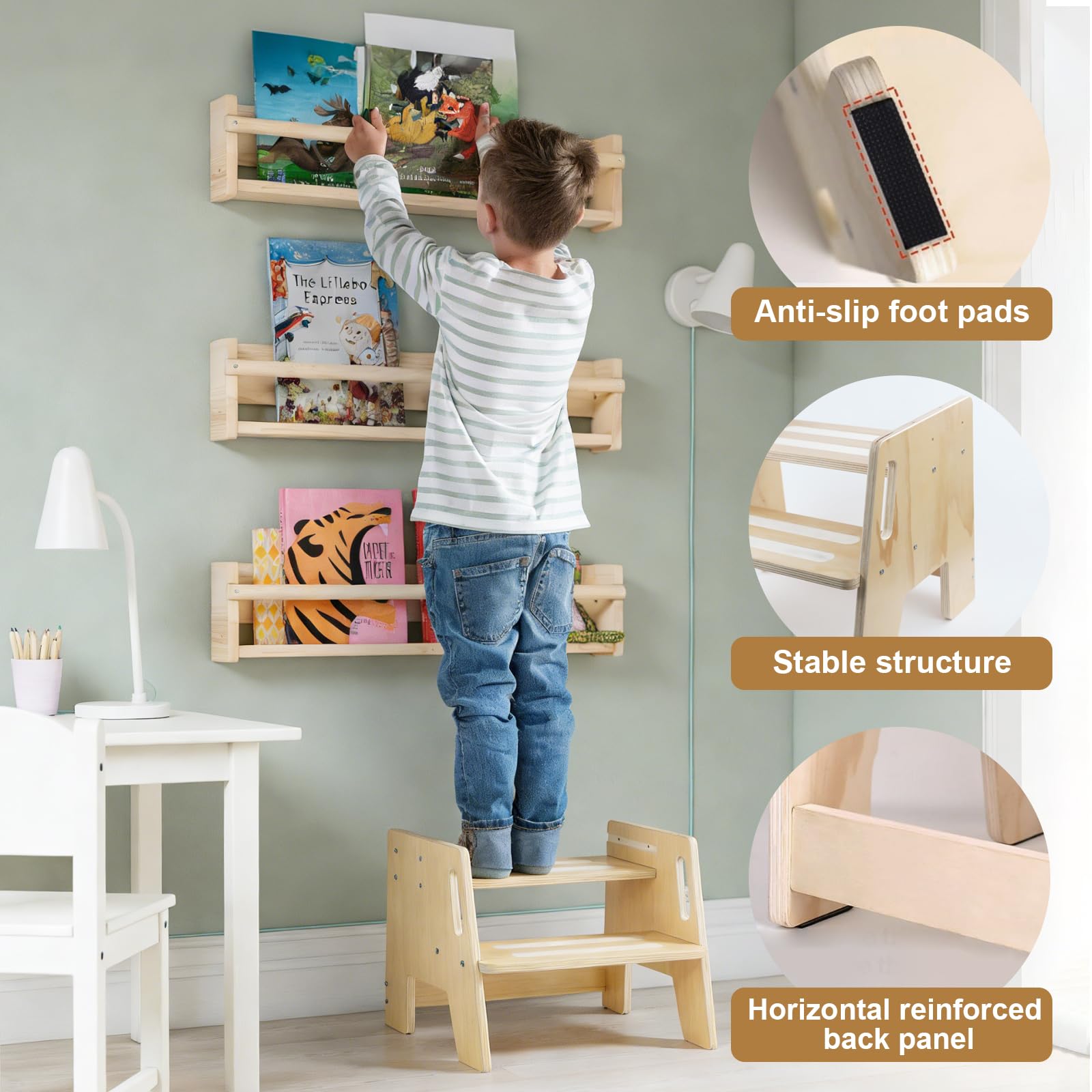 Sgabello in Legno per Bambini a 2 Gradini Regolabile Antiscivolo 150 kg