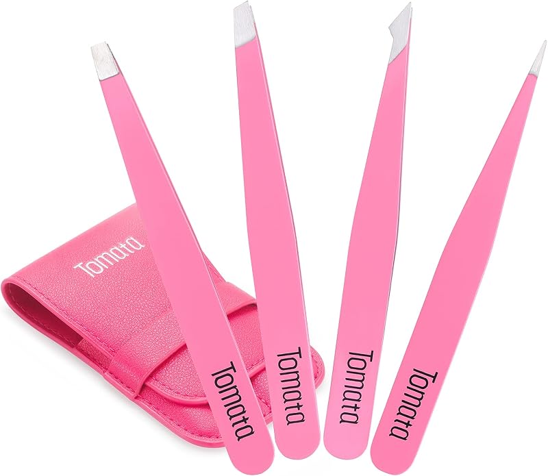 Conjunto de pinças Tomata para sobrancelhas, pontas reta, chanfrada e pontiaguda, rosa, 4 unidades