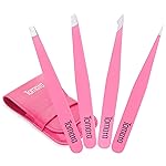 Tomata Tweezers for Eyebrows, Slant Tip and Pointed Eyebrow Tweezer Set Great Precision for Eyebrows Facial Hair, Ingrown Hair, Splinter, Blackhead and Tick Remover (4-piece) (pink)
