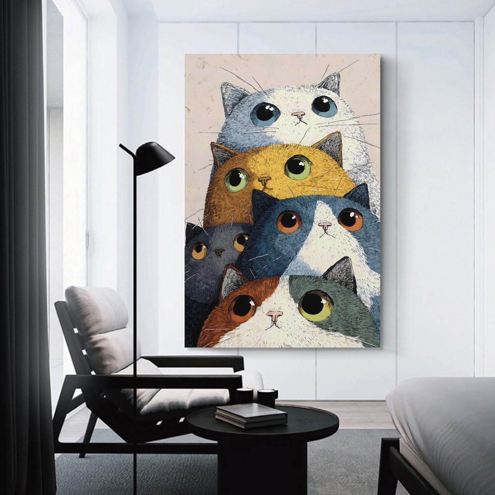 Junmoney Stack of Colorful Cats Illustration Canvas Wall Decor, 08x12inch(20x30cm), for Office, Study Or Home Workspace, Wall Art That Adds Style to Work Areas