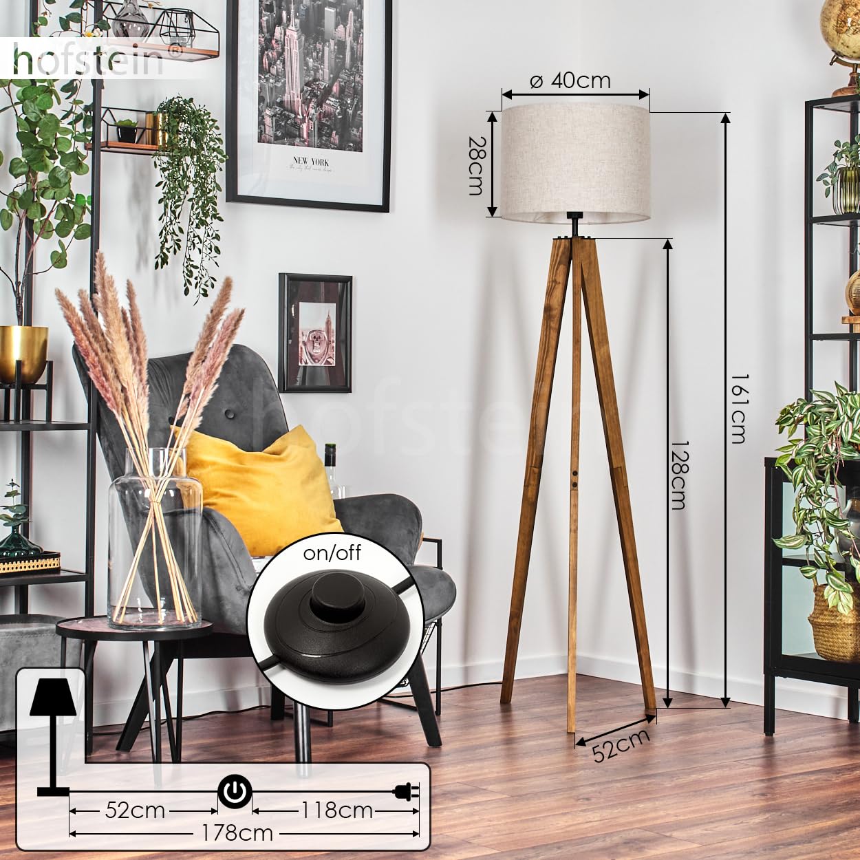 Lámpara de pie Bassagoda, de madera/metal/tela en color natural/negro/beige, lámpara de diseño escandinavo con pantalla de tela (Ø 40 cm) e interruptor de pie, altura 161 cm, 1 x E27, sin bombilla