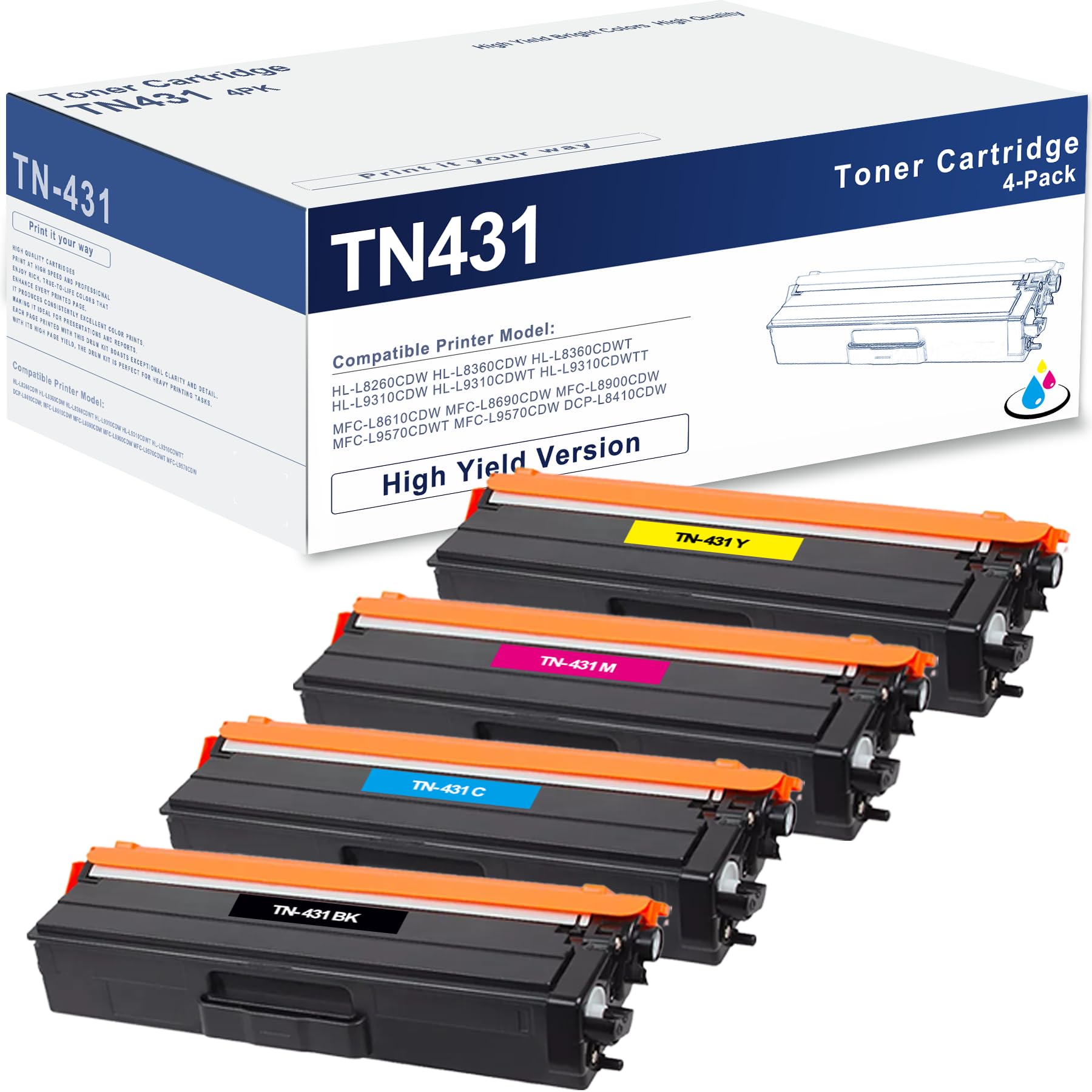 TN431 TN-431 Toner Cartridges Replacement For Brother TN431 TN -431 For MFC-L8900CDW MFC-L8610CDW HL-L8260CDW HL-L8360CDW HL-L8360CDWT Printer (4Pack, TN431BK TN431C TN431M TN431Y