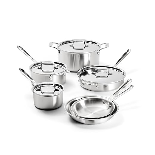 All-Clad D5 Brushed 5 Ply Stainless Steel Cookware Set 10 Piece w/ Frying Pans, Pots and Pans Set, Induction, Oven Broiler Safe 600F, Silver