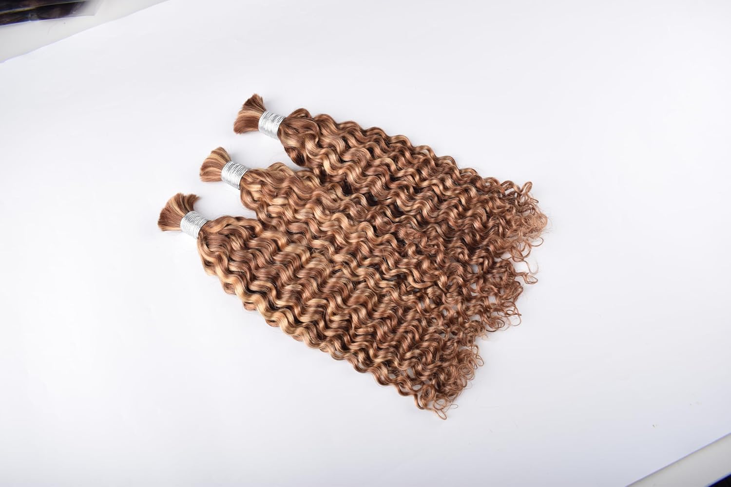 Premium Deep Wave Curly Hair Extensions, Light Brown, Human Hair Bundles, Silver Wrapped Base, 3-Piece Set