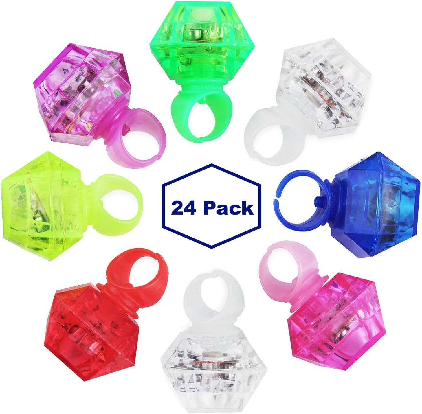 24 Pack LED Glow Rings Light Up Flashing Rings Plastic Diamond Kids Play Rings Glow in The Dark Toys Bachelorette Birthday Themed Football Party