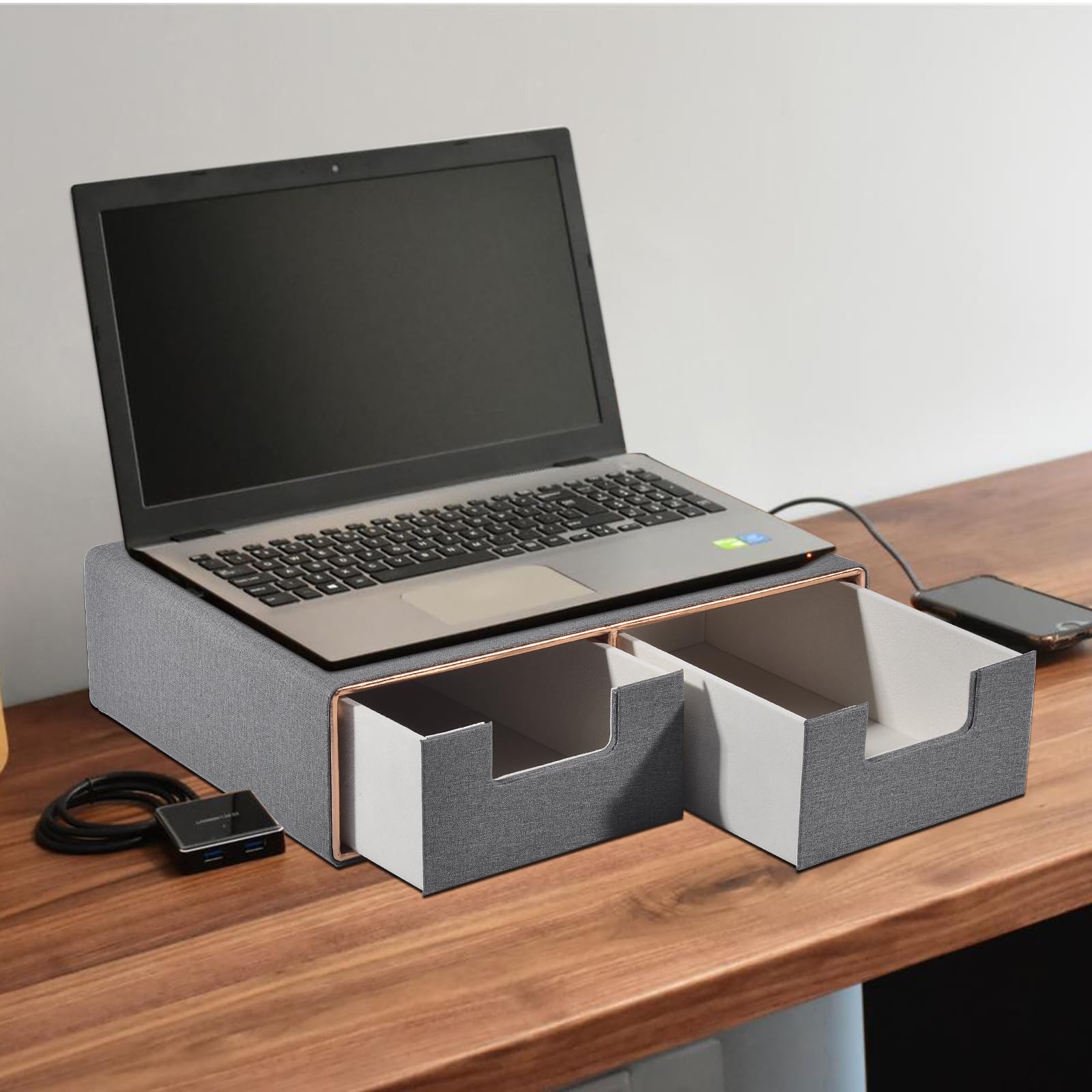 Boîte à tiroirs empilable en cuir avec 2 tiroirs fermés à la main pour ranger les dosettes de café, cafetière partie supérieure de l'organiseur de bureau pour bijoux, cosmétiques, gris