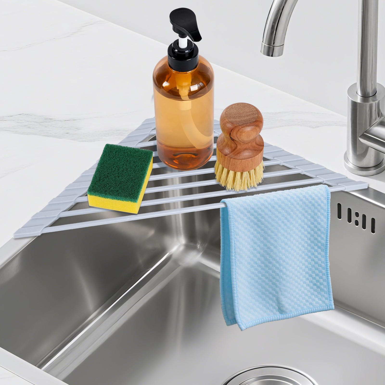 Photo 1 of HANZENMA Triangular Sink Rack, Multi-Functional Rack Above the countertop, Foldable Sink Drying mat, Heat-Resistant, Non-Slip, and Rust-Proof Dish Rack (Gray)